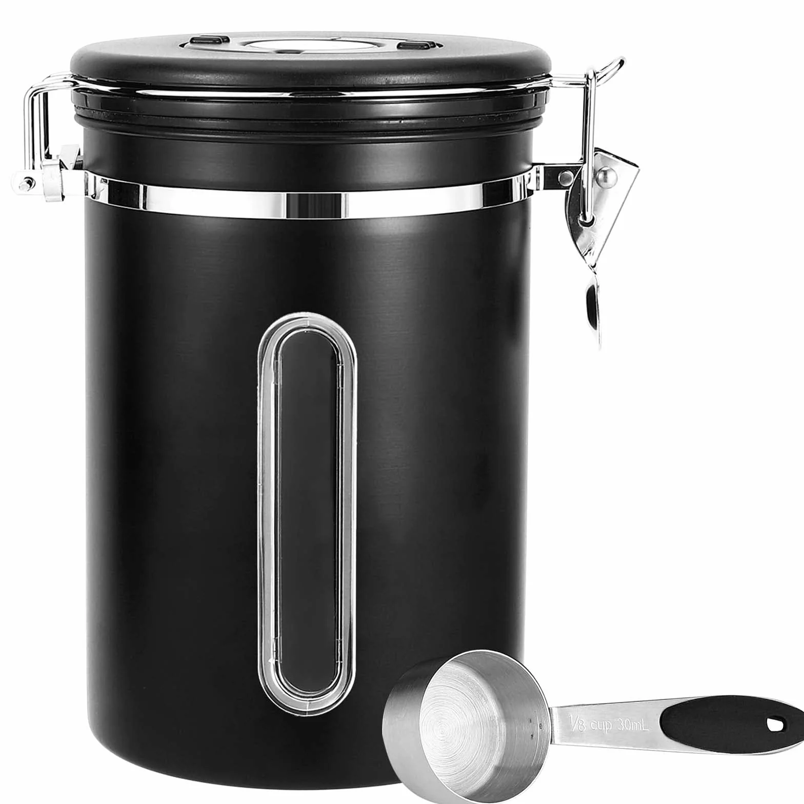 Royouzi Puszki na kawę, hermetyczne, 1,8 l/1800 ml, pojemnik na kawę ze stali nierdzewnej, pojemnik na ziarna kawy z szuflą, próżniowe przechowywanie ziaren kawy, kolor czarny | Pojemnik na ziarna kawy 1800 ml ze śledzeniem daty i czajnikiem pomiarowym na