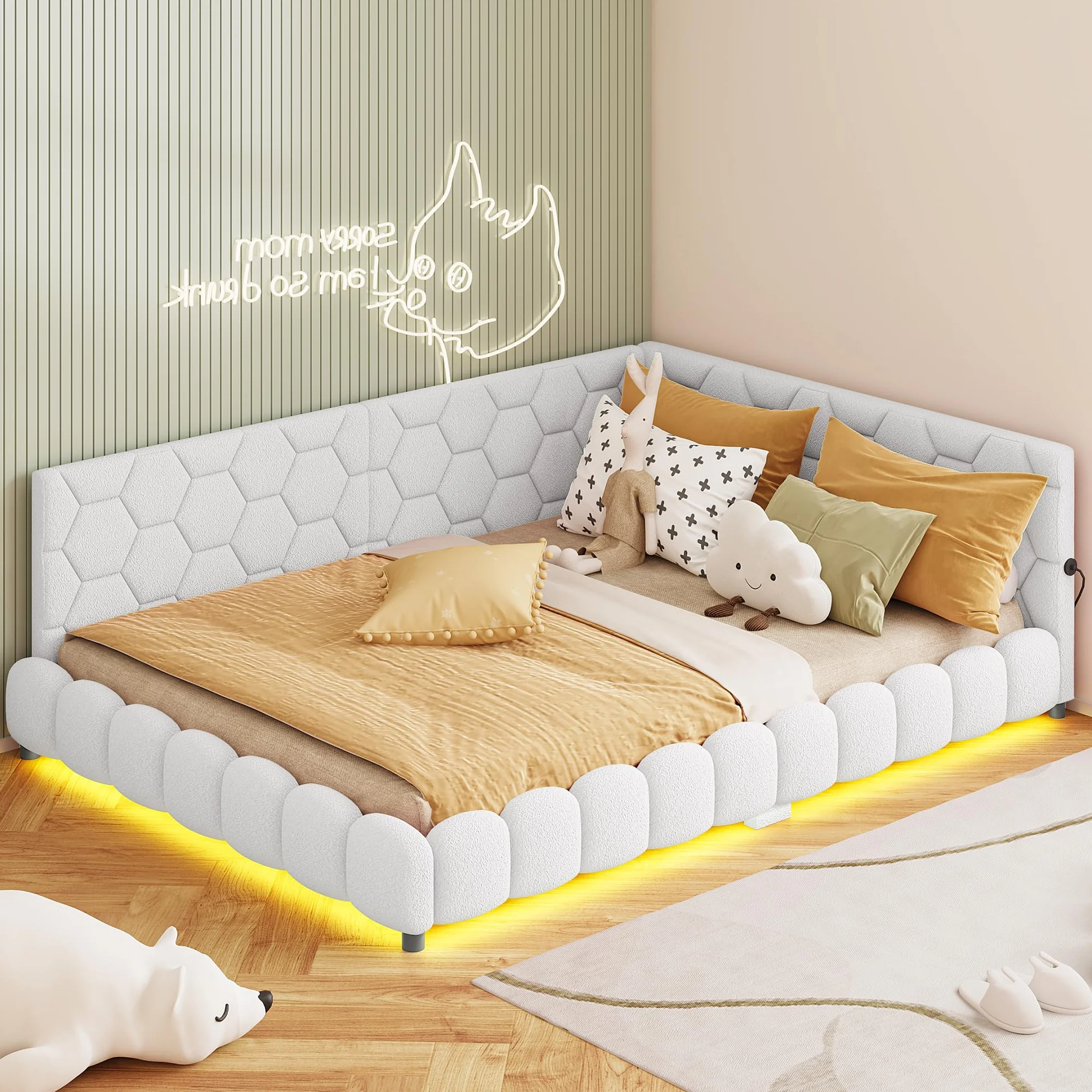 Łóżko tapicerowane z funkcją spania 140 x 200 cm z oświetleniem LED, łóżko dzienne ze stacją ładującą USB & Type-C, łóżko młodzieżowe w kształcie litery L, stelaż łóżka, bez materaca