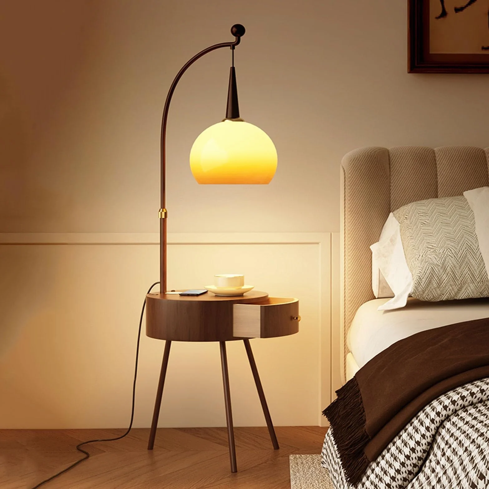 Nowoczesny stolik nocny ze stojącą lampką do czytania, lampa biurkowa z portem USB, nowoczesny stolik końcowy z lampą podłogową do sypialni, salonu, biura
