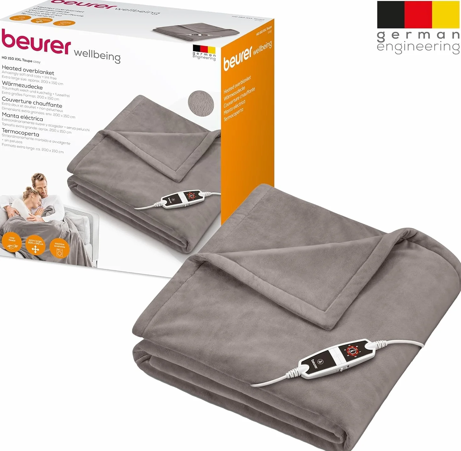 Beurer HD 150 XXL Taupe koc grzewczy, elektryczny koc z automatycznym wyłączaniem, 200 x 150 cm, 6 ustawień temperatury, możliwość prania w pralce, przytulny koc o wyglądzie futra, beżowy / brązowy
