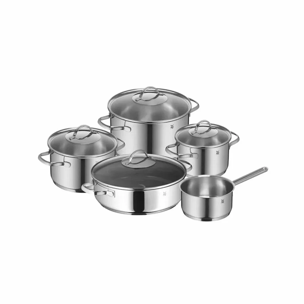WMF Provence Plus 5-częściowy zestaw garnków indukcyjnych, bez powłoki, ze szklaną pokrywką, nadaje się do wszystkich rodzajów kuchenek, bez skalowania, polerowana stal nierdzewna Cromargan