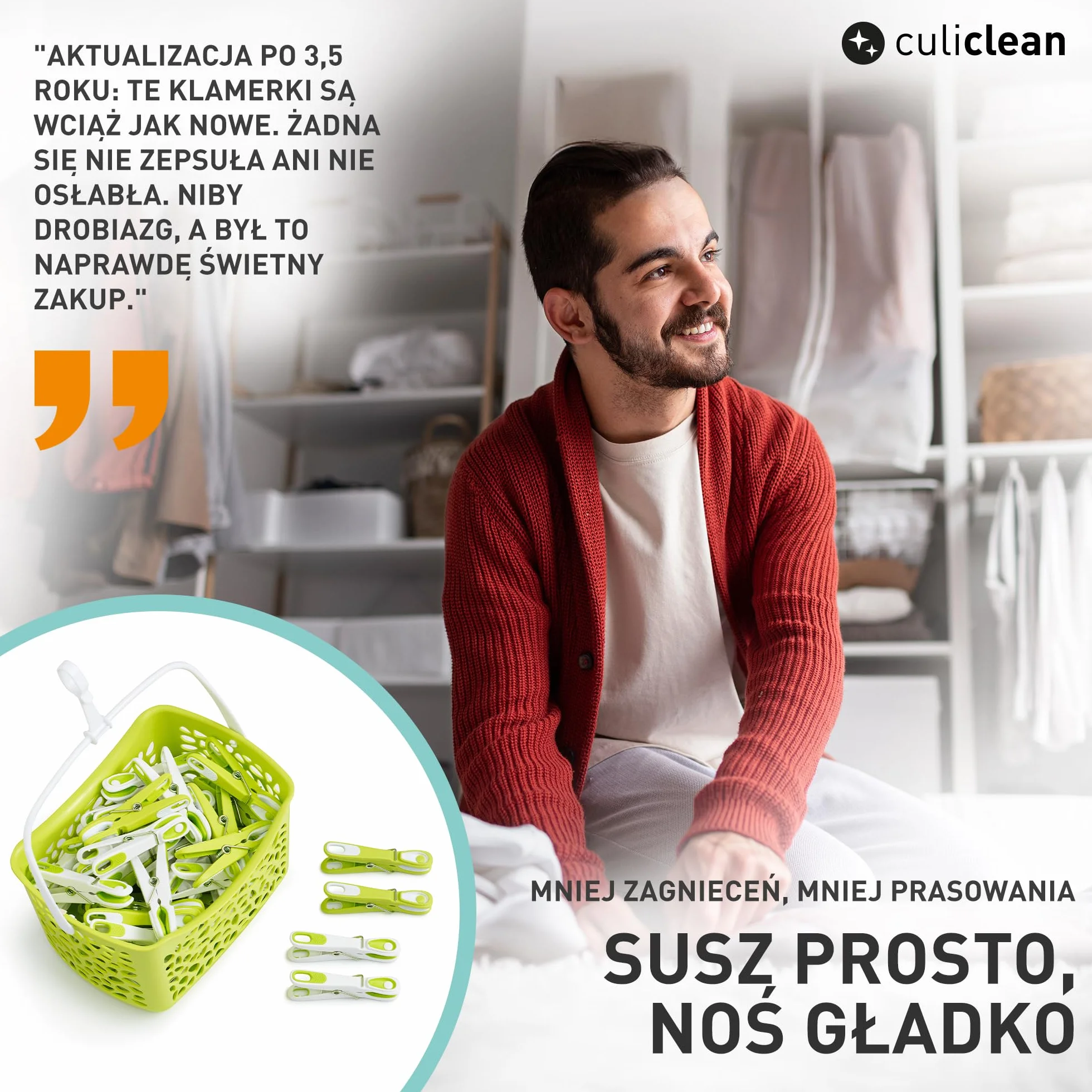 culiclean Klipsy do ubrań Ecoline z koszykiem (48 sztuk z koszykiem zielono-biały/biało-zielony koszyk zielony uchwyt biały) Klamerki