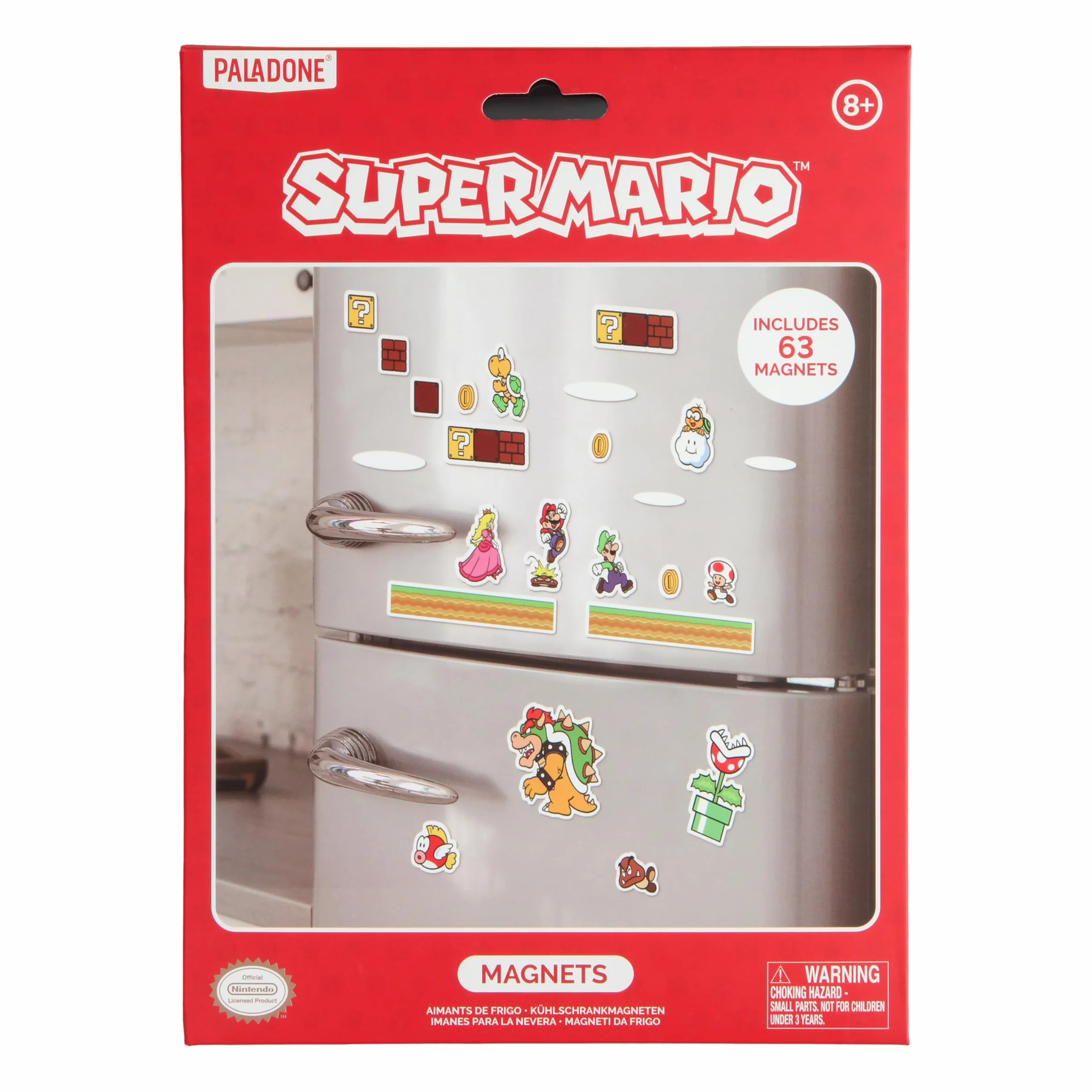 Oficjalne licencjonowane magnesy na lodówkę Super Mario Bros firmy Paladone, 63 kultowe postacie z Mario, zestaw magnetyczny, retro, do gier, dekoracja na tablice, lodówkę i szafkę
