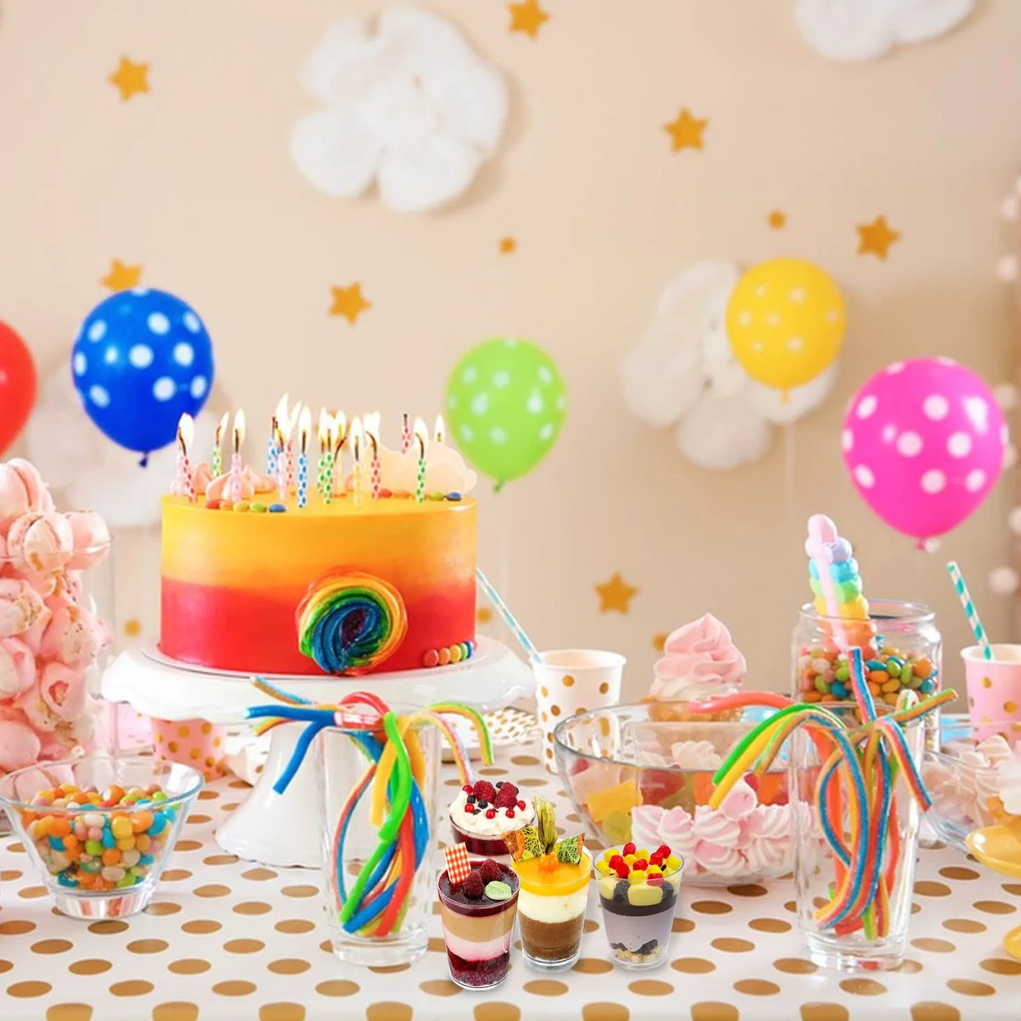 Finger Food, 50 szt. kubków z jedną porcją słodkich porcji, 90 ml, przezroczyste plastikowe kubki z 50 łyżkami, wielokrotnego użytku, do lodów, ciast, żelowych puddingów