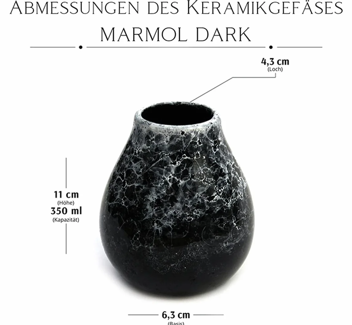 Mate Green Mate zestaw kubków | zestaw startowy do herbaty mate, ceramiczny kubek Marmol Dark 350 ml, stal szlachetna Bombilla, Vakapi Mate Tee z Paragwaju, alternatywa dla kawy, silne pobudzenie,
