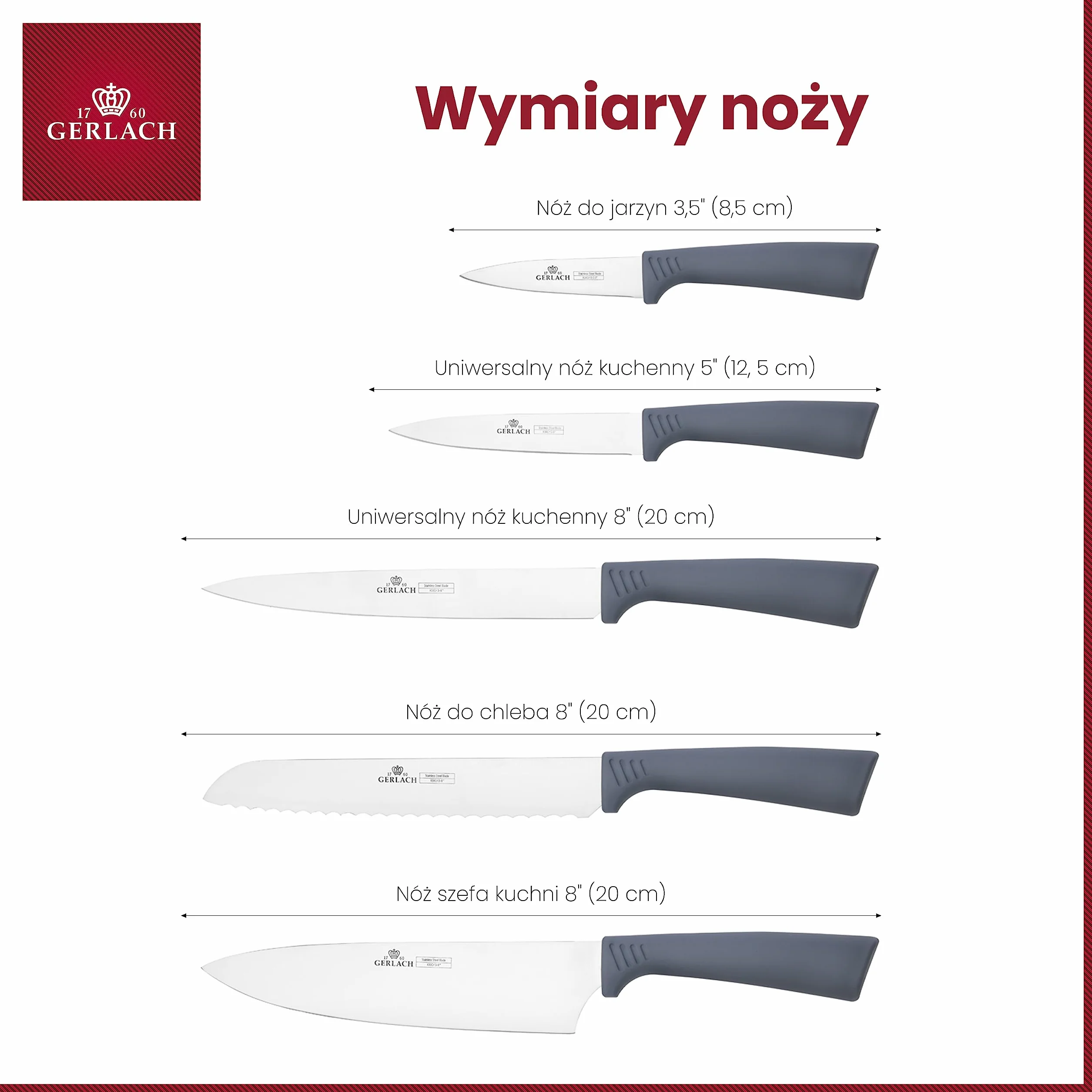 Gerlach Smart Grey Zestaw Noży W Bloku Stal Nierdzewna 5 Ostrzy Nóż Kuchenny