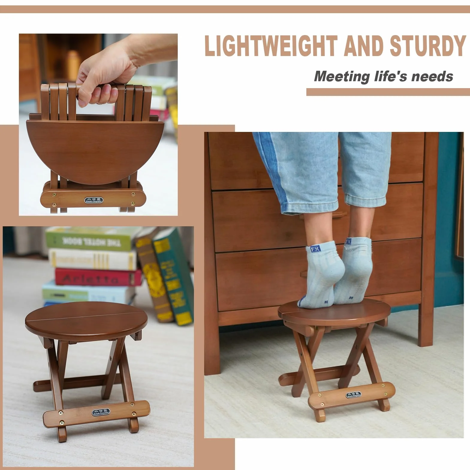 Drewniany taboret z litego drewna, okrągły, krzesło dziecięce (R*24 cm, wys. x 22 cm), składany, przenośny, łatwy do przechowywania