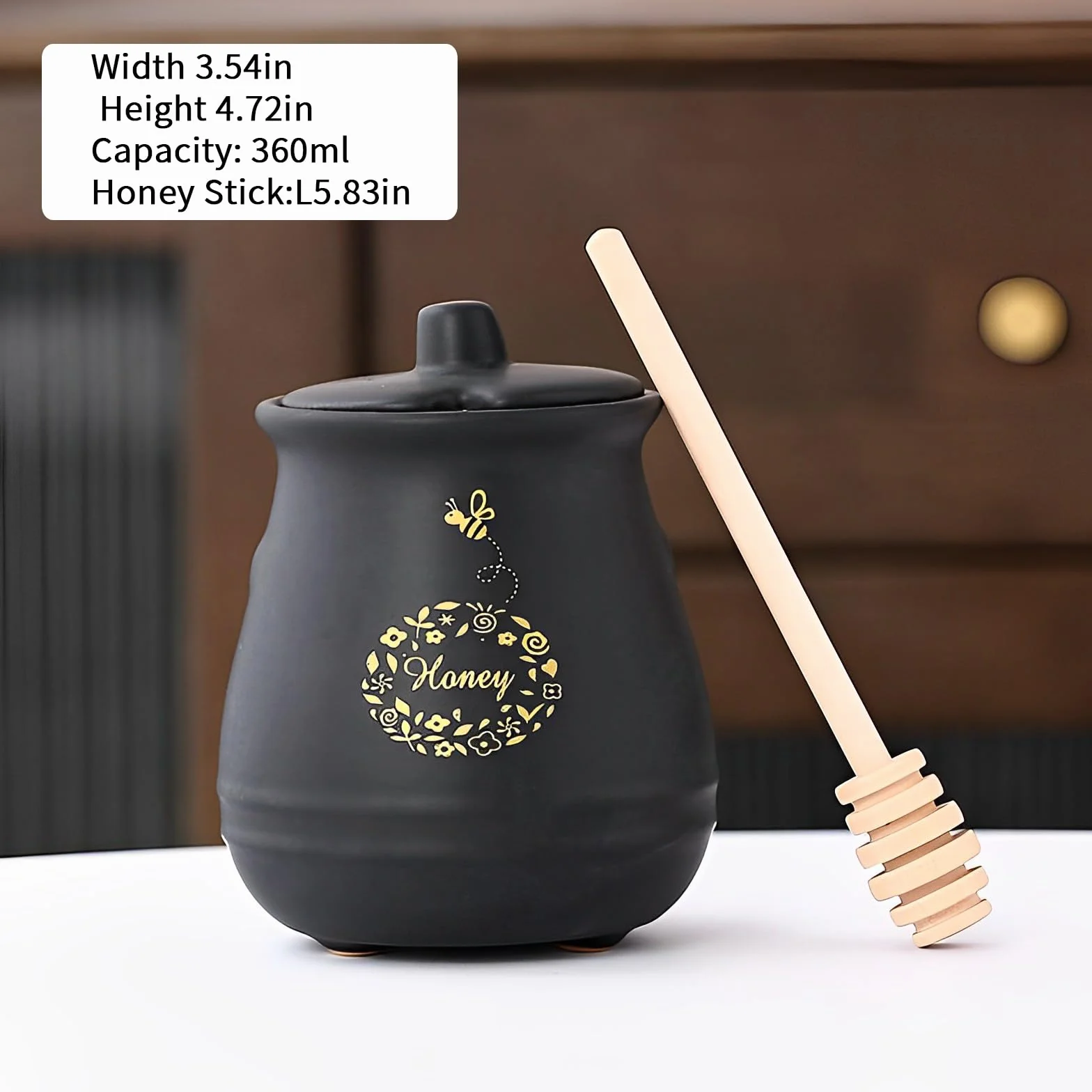 Garnki do miodu porcelanowe, ceramiczne garnki na miód 300 ml, z pokrywką i łyżeczką do miodu, 3 x do kuchni, porcelanowe pojemniki na miód do przechowywania miodu i syropu, czarne garnki na