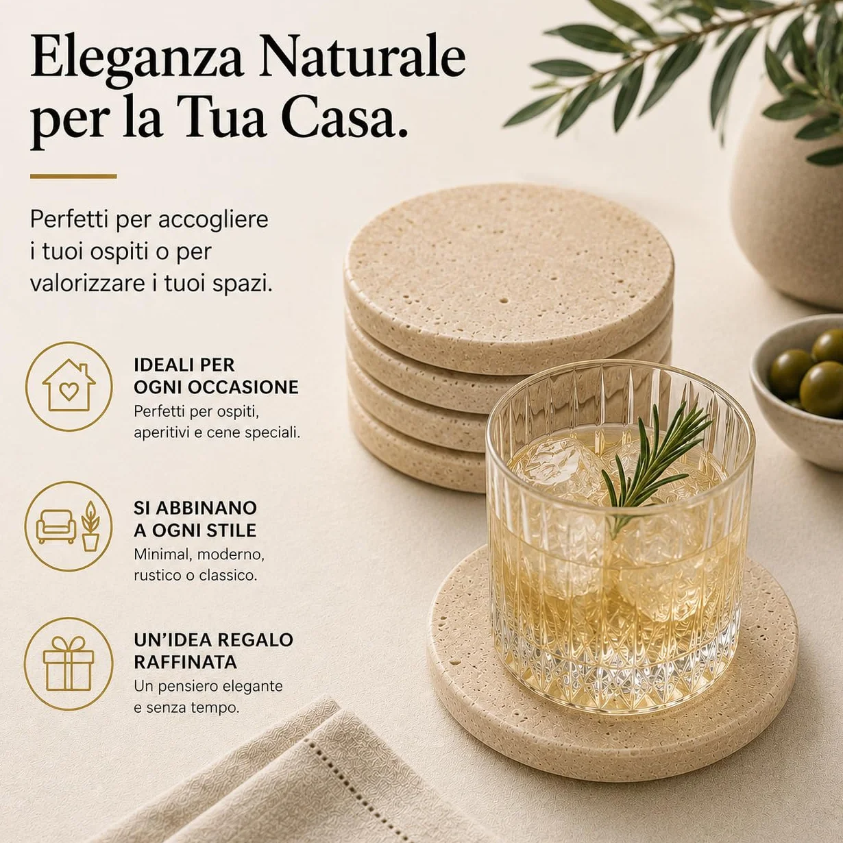Kalu Creations | Eleganckie podstawki z okrągłego trawertyna – zestaw 6 podstawek z kamienia naturalnego – rękodzieło wyprodukowane we Włoszech - eleganckie akcesoria do stołu