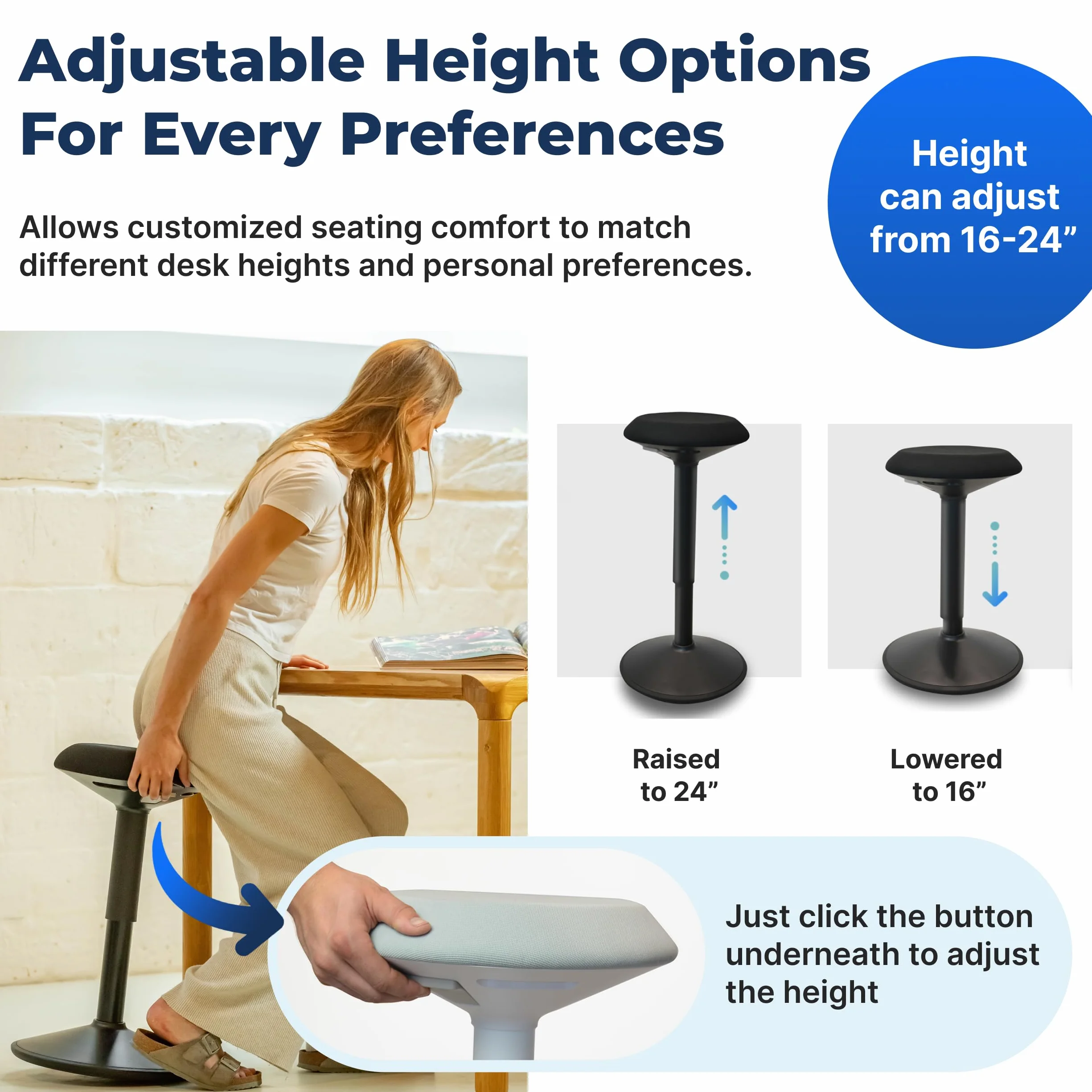 Backerz Ergonomiczny stołek biurowy – regulowana wysokość, stolnik drżący 40-60 cm – aktywne krzesło biurowe do stania z antypoślizgową podstawą do aktywnego przechyłu – biały