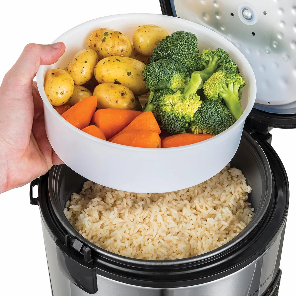 Russell Hobbs parowar i ryżowar, pojemność 1,2l, powłoka zapobiegająca przywieraniu, pokrywka ze szkła hartowanego, pokrywka antykondensacyjna, nienagrzewające się uchwyty, moc 500W, biały, 27080-56