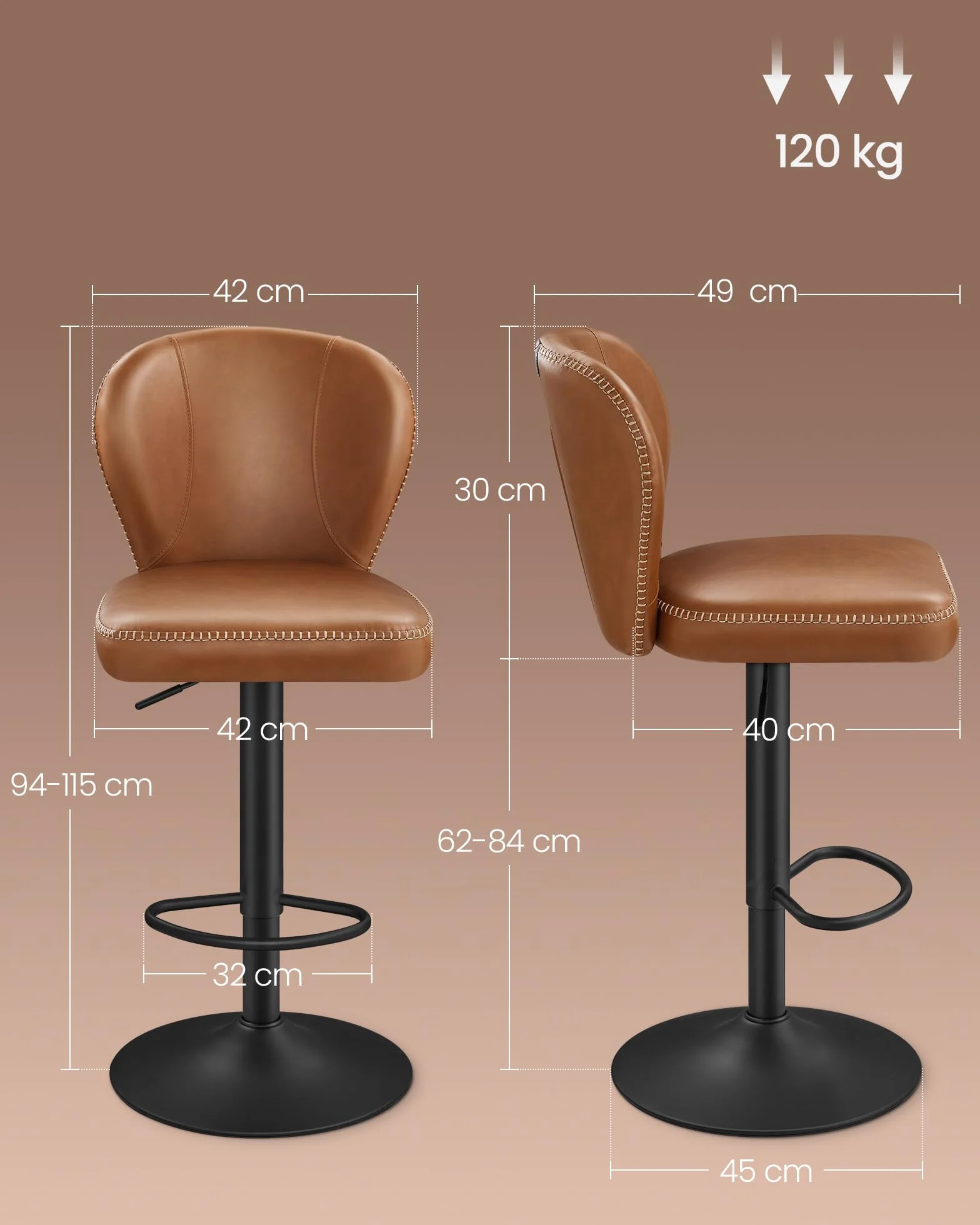 VASAGLE Kolekcja EKHO - hokery barowe obrotowe 360°, zestaw 2 szt., hokery barowe z regulacją wysokości i oparciem, sztuczna skóra, przeszycia, bar domowy, łatwy montaż, karmelowy brąz LJB097K01