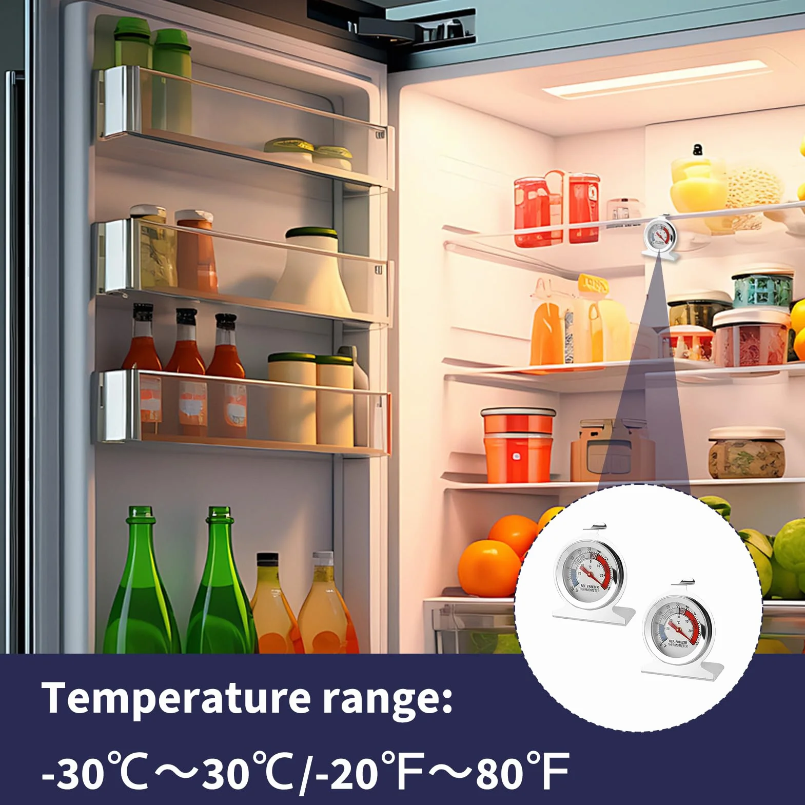 2 sztuki termometr na lodówkę, termometr do zamrażarki na lodówkę, ze stali nierdzewnej z hakiem, rozmiar od -30°C do 30°C (-20°F do 80°F), idealny do lodówki, zamrażarki, restauracji i kuchni
