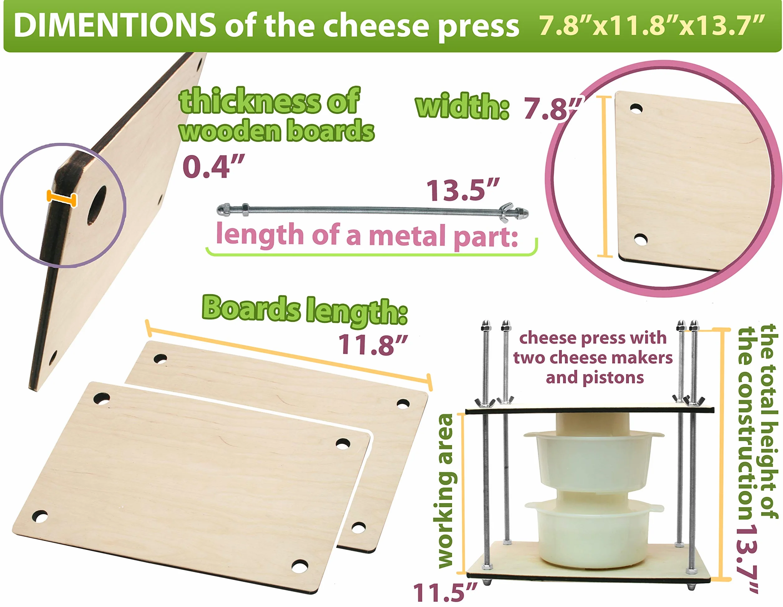 Zestaw do robienia heese 30 cm (metalowe prowadnice 33 cm prasa do sera + 2 formy do robienia serów 1,2 l) ciśnienie do 22,7 kg