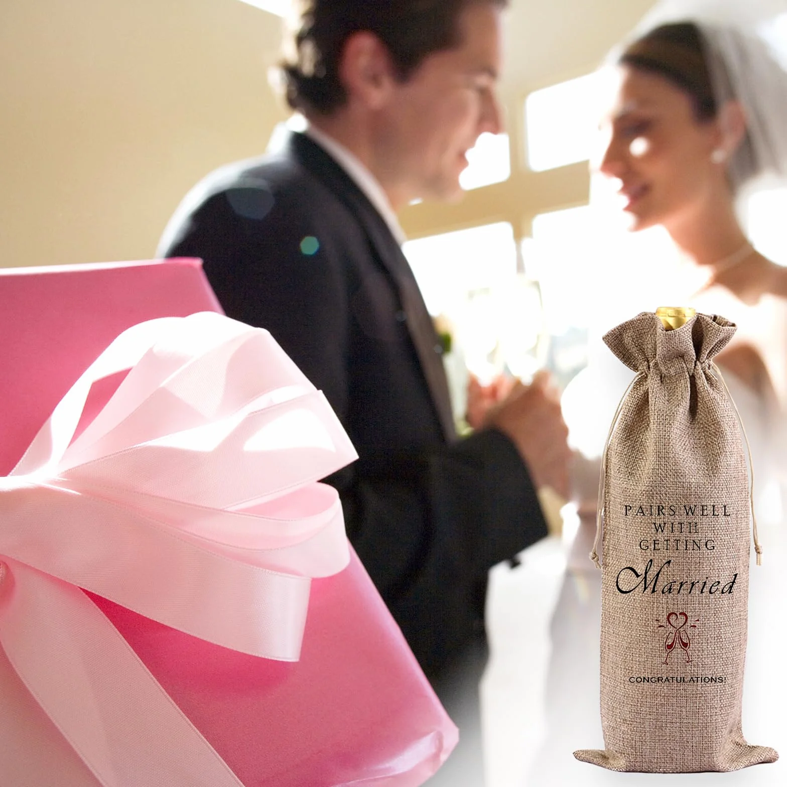 Married torba na butelkę wina, ślub torba na prezent na wino, zaręczyny bawełna len sznurek torba na wino dla pary, Płótno, Jeden rozmiar, Lekki