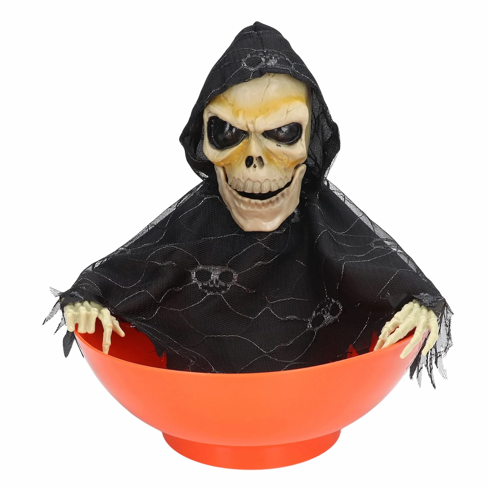 Halloween Candy Bowl z ruchomymi animowanymi cukierkami szkieletowymi, krzyczącym uchwytem na czaszkę i świecącymi oczami dla przerażającego wystroju