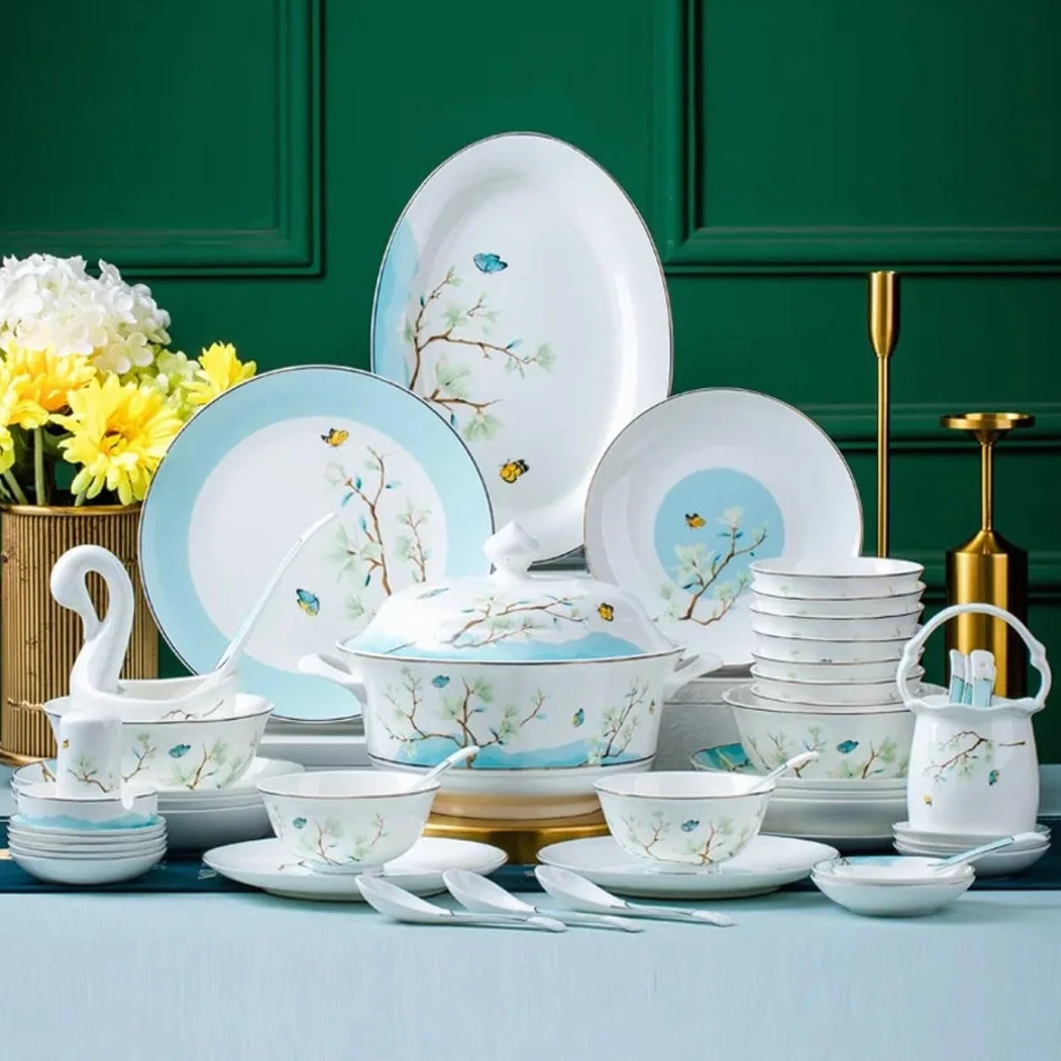 H3TF5J Angielski zestaw stołowy porcelanowy, 60 sztuk kości China, zastawa stołowa, niebieski kwiatowy wzór ceramiczny, kuchenka mikrofalowa i zmywarka