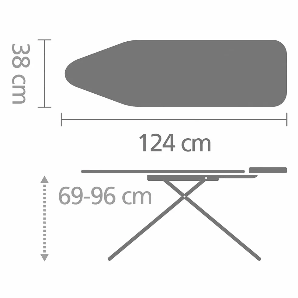 Brabantia Ironing Board B, 124x38cm - Denim Grey | 100% Fairtrade Cotton | 8mm Foam Layer | Stable & Anti-Wobble Frame | Foldable with Adjustable Height & Solid Steam Iron Rest