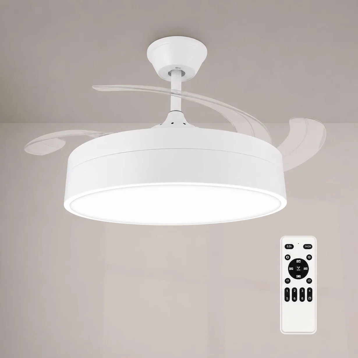 M mimotec - Wentylator sufitowy z oświetleniem LED Messe 72W, biały, pilot zdalnego sterowania, niskie zużycie energii, silnik prądu stałego, 6 prędkości, cichy, 4 rozkładane łopatki, funkcja