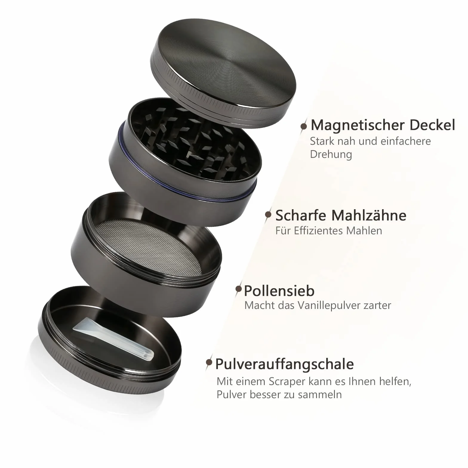 Bäcker & Lecker Pollen Grinder Crusher młynek do ziół do suszonych ziół, przypraw, ziół, ze stopu cynku, 4-częściowy zestaw ze skrobakiem do pyłków, nikiel czarny