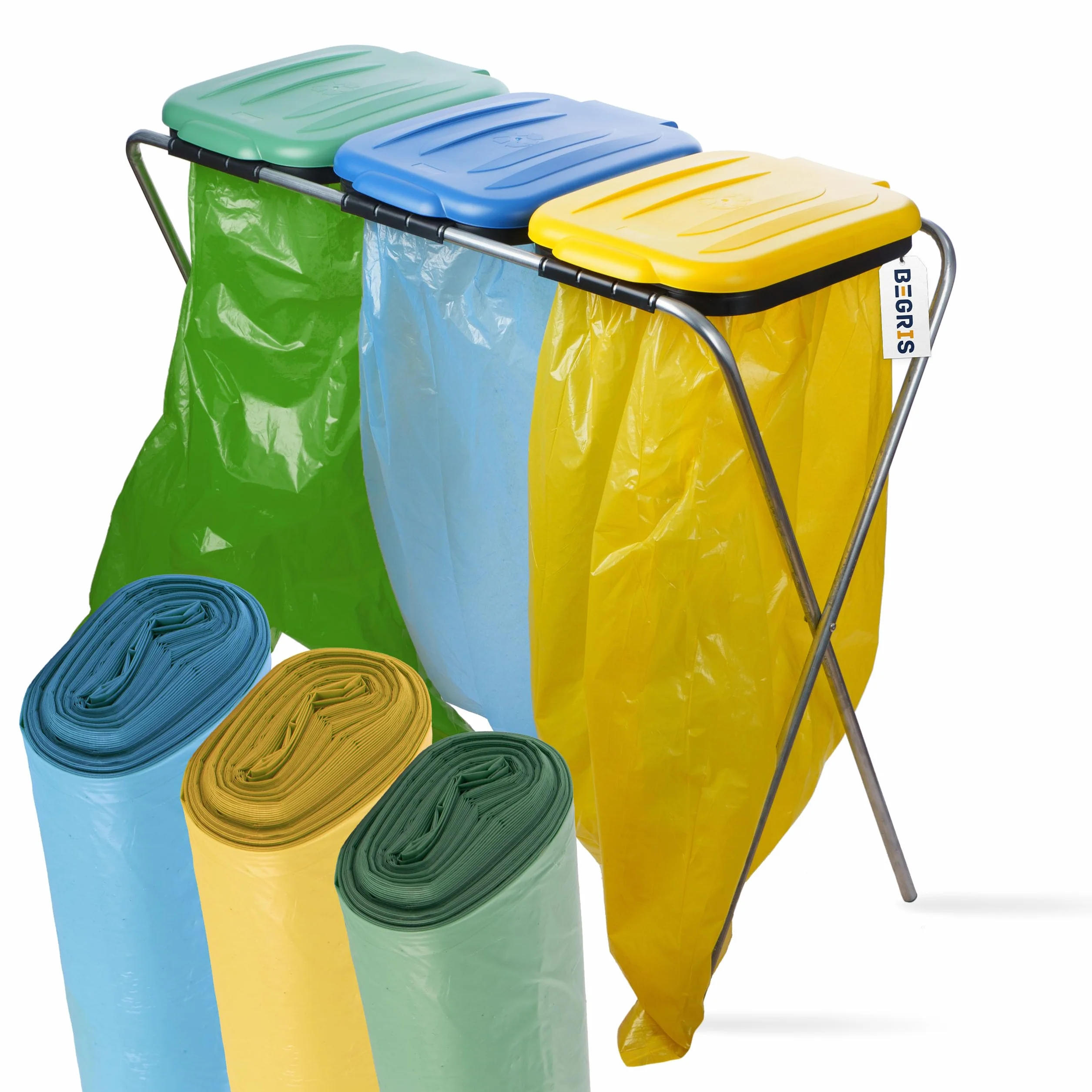 Stojak na Worki do Segregacji Śmieci 96,5x36x78 cm Stelaż Kosz 3 Stanowiska Na Śmieci + kolorowe Worki na Odpady 120L 3 Rolki, kolorowy Uchwyt na Worki z Odpadami z Pokrywą