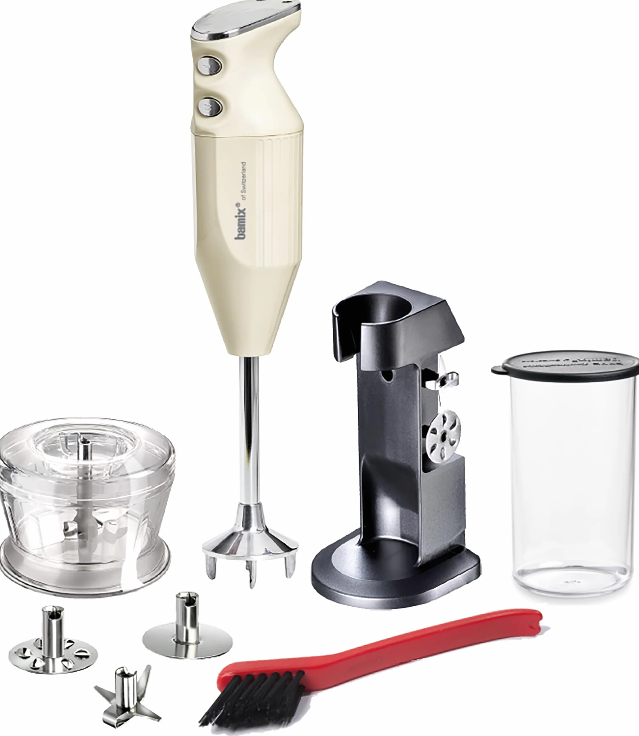 bamix Zestaw blendera ręcznego M200 Chef's Favorite ze stojakiem, 1 kubkiem, 3 końcówkami, hakerem, szczotką do czyszczenia, 200 W, wyprodukowano w Szwajcarii, kość słoniowa/chrom