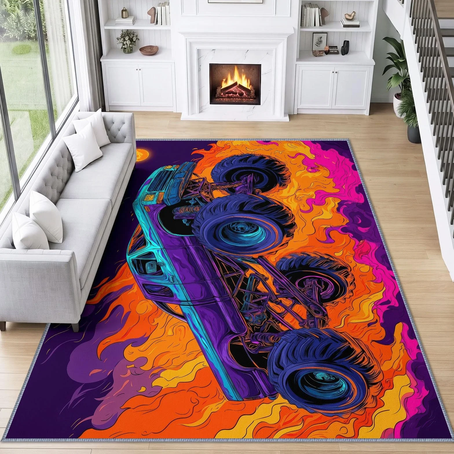 American Street dywan 160 x 230 cm, zmywalny, Monster Truck, płomień, dywan do salonu, antypoślizgowy dywan z niskim runem do sypialni, jadalni, salonu, biura, wewnątrz, dekoracja domu, dekoracyjny