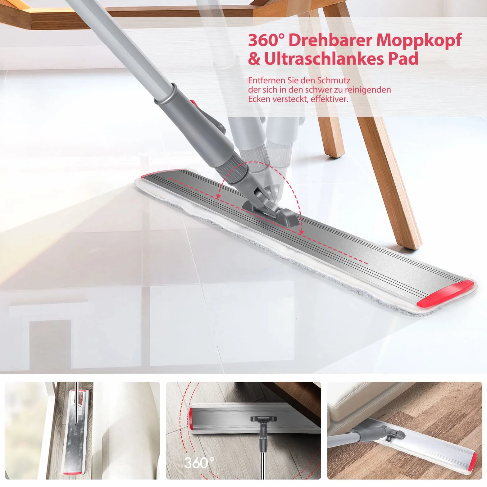 Myiosus Mop do podłóg, mop do podłogi, szerokość 60 cm, z uchwytem ze stali nierdzewnej, regulowany uchwyt ze stali nierdzewnej, płaski mop z mikrofibry, obracany o 360°, do płytek z twardego drewna