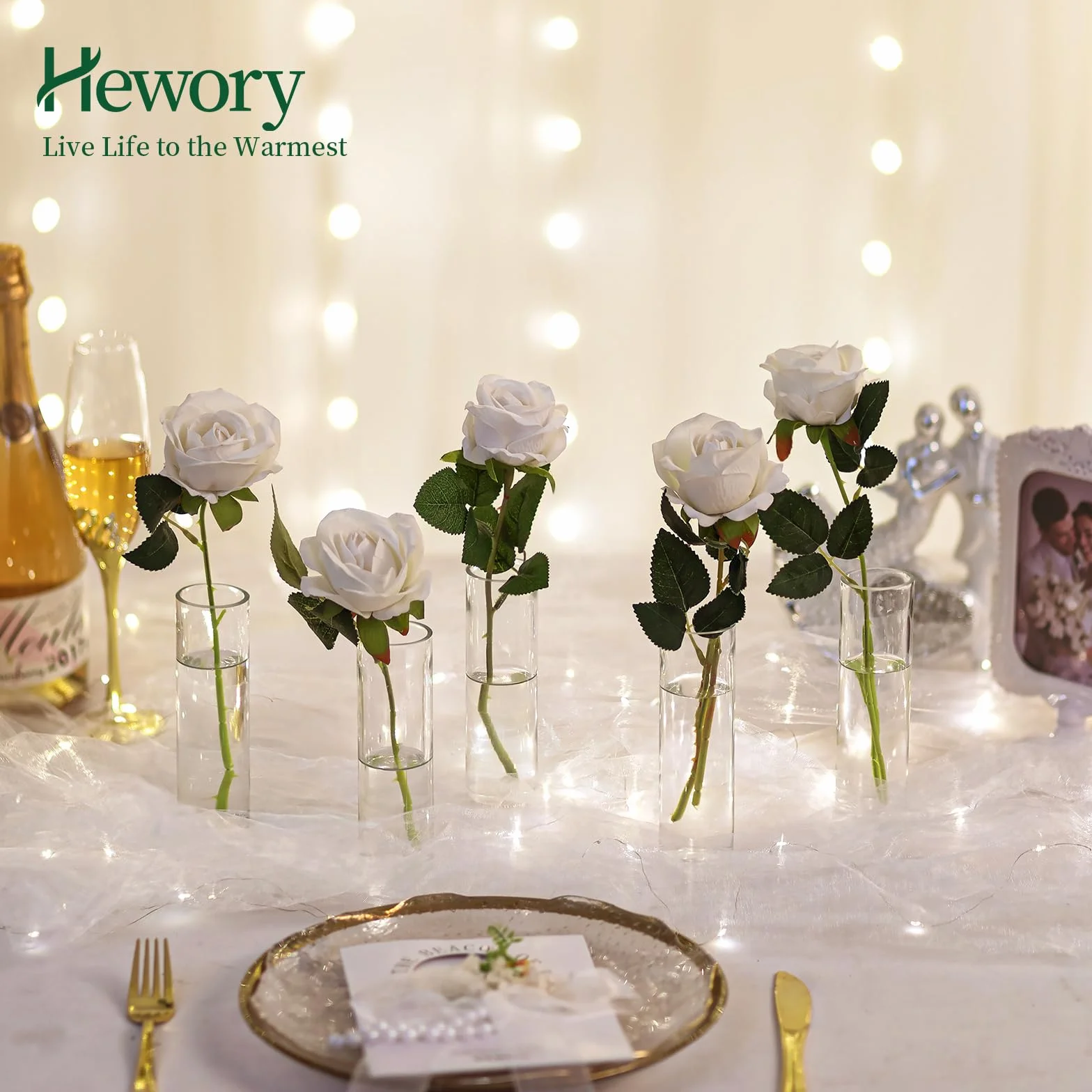 Wazon cylindryczny z wysokim pączkiem: Hewory 12 małych szklanych wazonów do dekoracji stołu weselnego - pojedynczy wazon centralny na stoły, dekoracje na baby shower, przyjęcie urodzinowe
