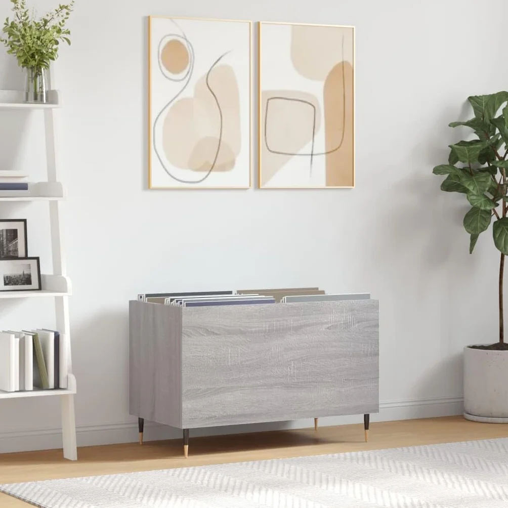 Sonoma szafka panelowa, szara, 74,5 x 38 x 48 cm, materiał drewnopochodny z żelaznymi nogami, do salonu i miłośników muzyki, miejsce do przechowywania płyt LP, zarządzanie kablami, stabilne