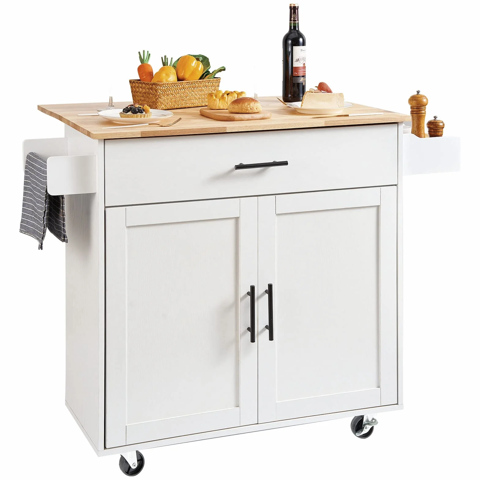 VEVOR Centralna wyspa 90 x 39 cm deska kuchenna z kółkami 1 szafka z 1 szufladą Szafka kuchenna z drewnianą deską roboczą 90x29 cm Uchwyt na przyprawy Wieszak na ręczniki do przechowywania Bar Kuchnia