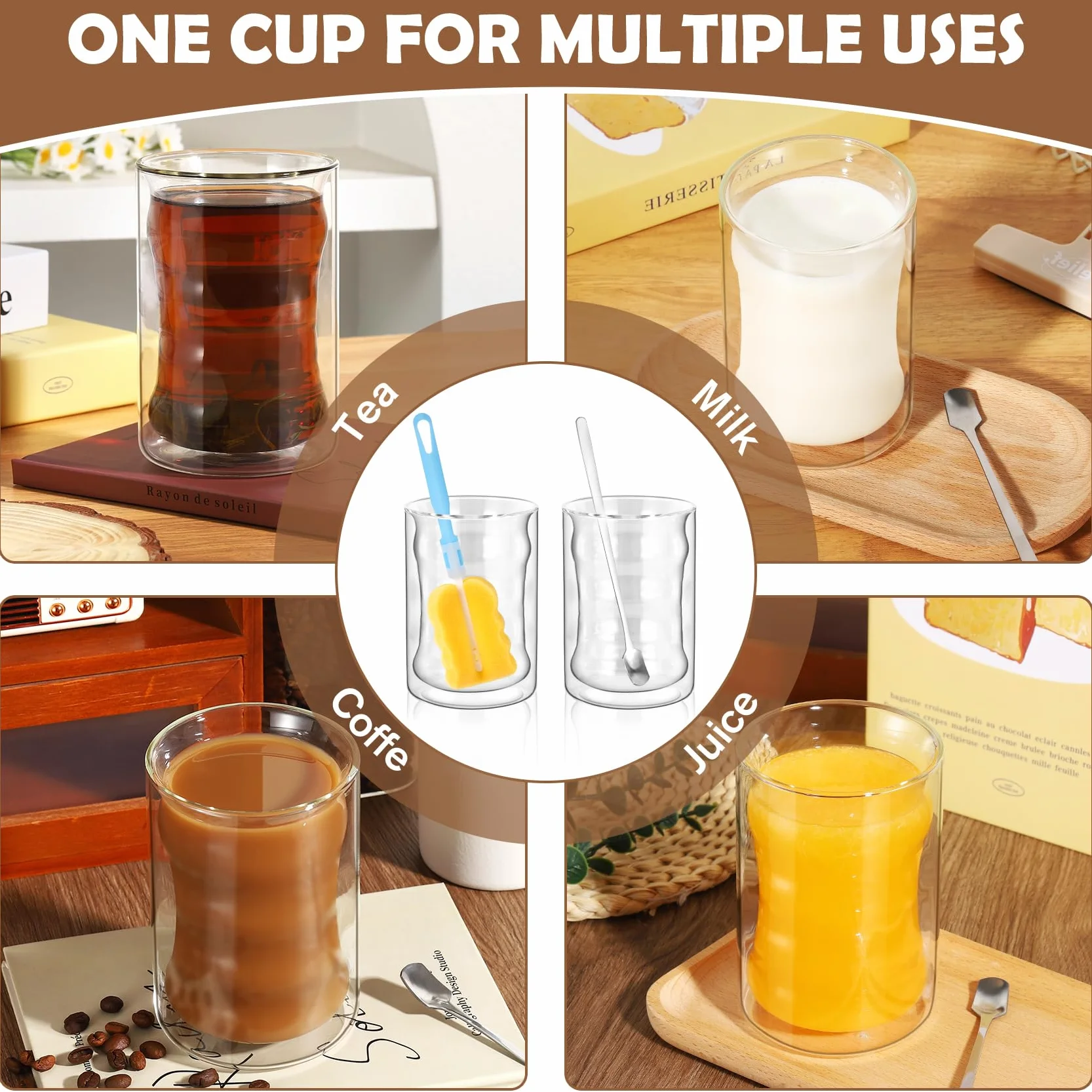 Szklanki do Latte Macchiato z Podwójnymi ściankami, 400 ml, do Kawy, Cappuccino, Espresso i Herbaty, Spiralne Szklanki Termiczne, ze Szkła Borokrzemowego, 2 Szklanek i 2 łyżeczek