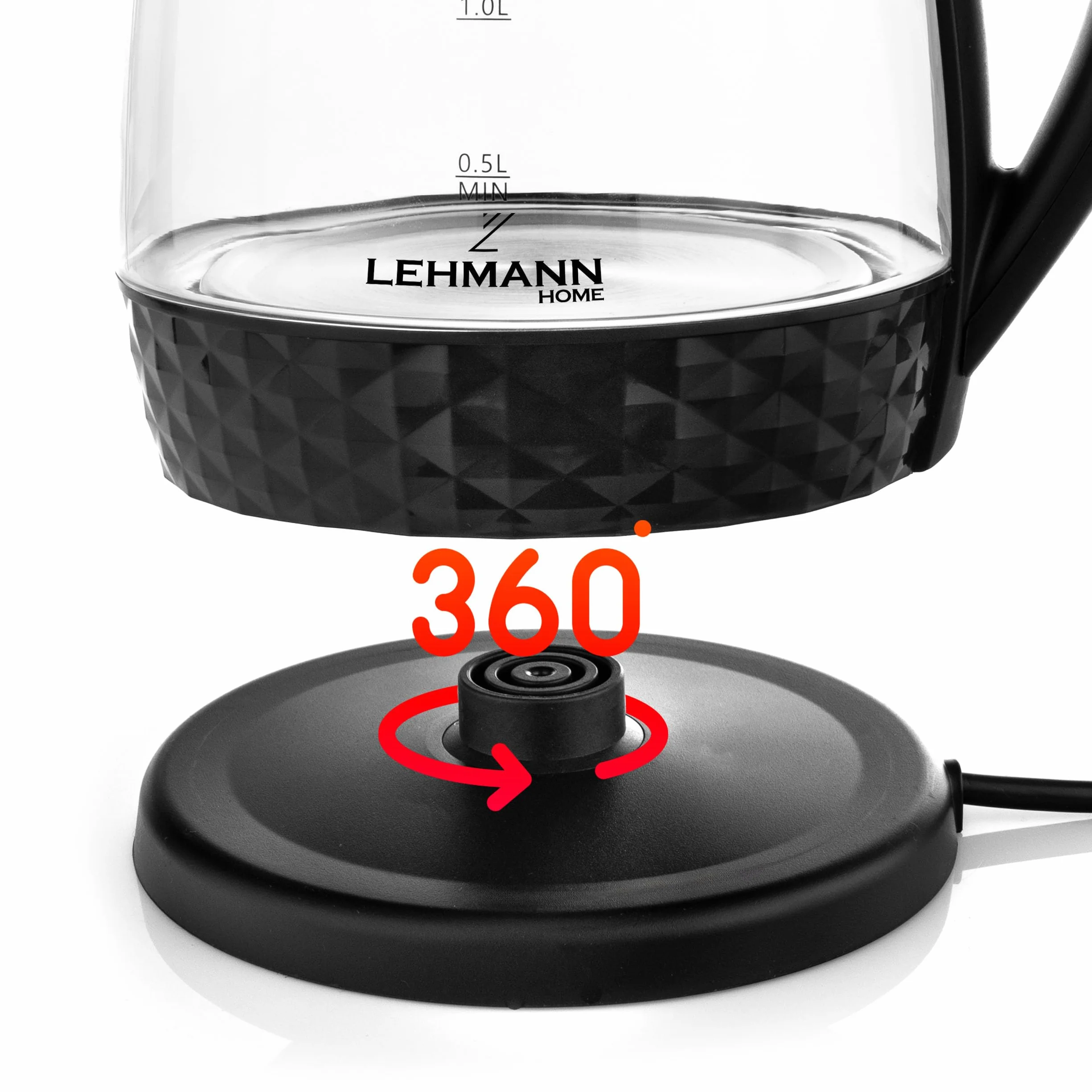 Lehmann LHOEK-2220C Czajnik elektryczny szklany 2l, czajnik elektryczny z podświetlanym zbiornikiem o mocy 2200W, bezprzewodowy ze zdobioną podstawą