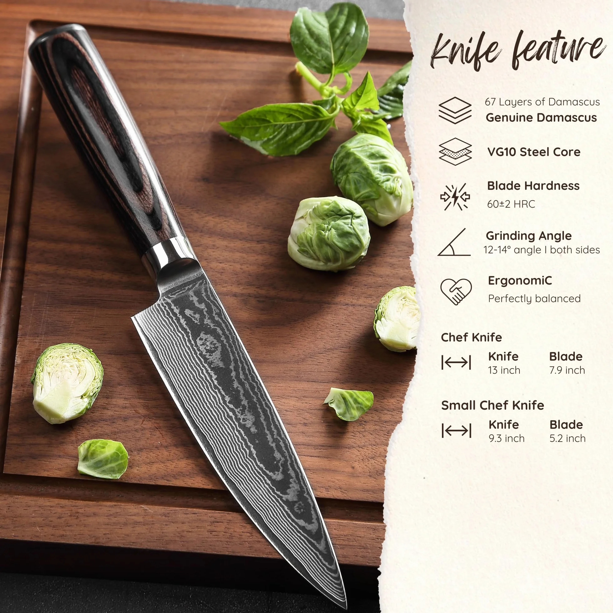 Wakoli EDIB Essentials Santoku 2-częściowy zestaw noży kuchennych 30 i 24 cm ze stali damasceńskiej z 67 warstw stali damasceńskiej z uchwytem z drewna Pakka, nóż do warzyw w zestawie pudełko na