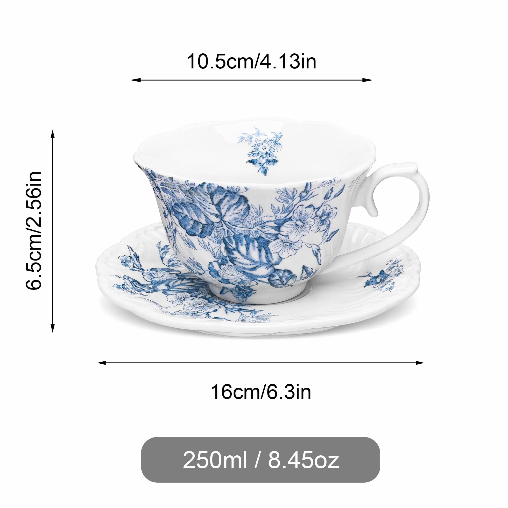 fanquare Vintage zestawy filiżanek i spodków, porcelanowe kubki do herbaty z niebieskimi kwiatami, eleganckie filiżanki do kawy i talerze do przekąsek, prezenty świąteczne 250 ml