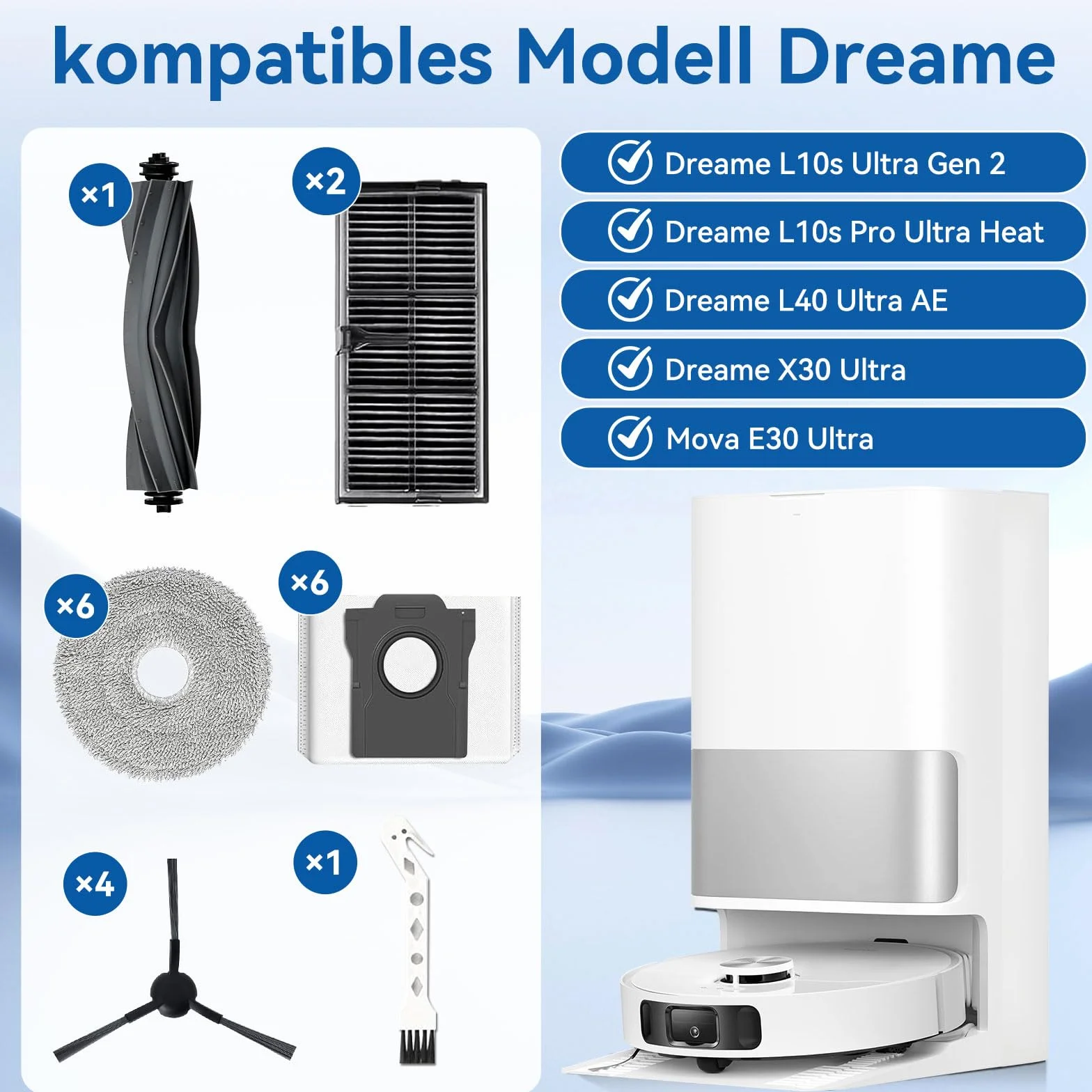 20 sztuk akcesoriów do Dreame L10s Pro Ultra Heat/L10s Ultra Gen 2/X30 Ultra/Mova E30 Ultra – 1 szczotka główna, 6 worków do kurzu, 6 ściereczek, 2 filtry HEPA, 4 szczotki boczne i 1 szczotka do