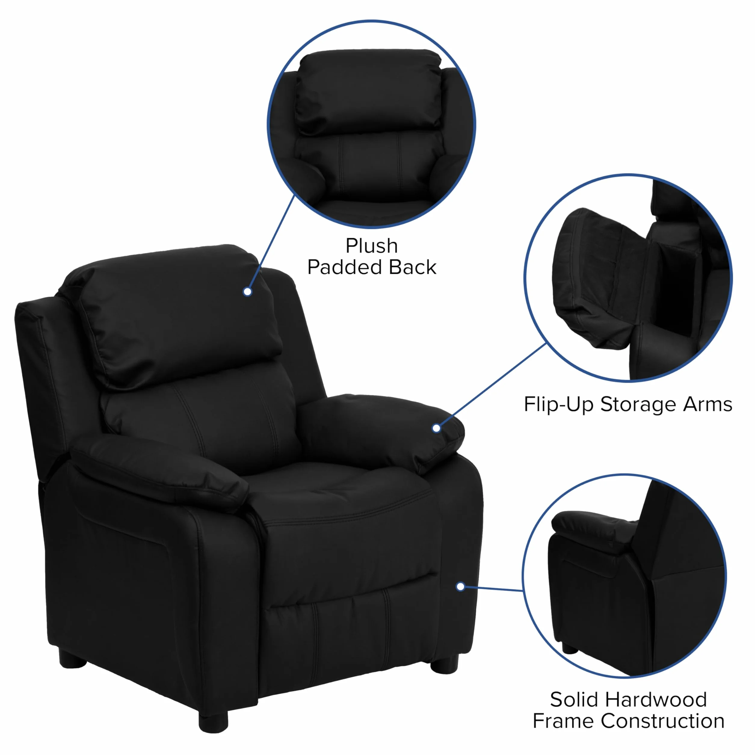 Flash Furniture Deluxe Wyściełany współczesny fotel dziecięcy z podłokietnikami do przechowywania, skórzany, czarny, 66,04 x 53,34 x 53,34 cm
