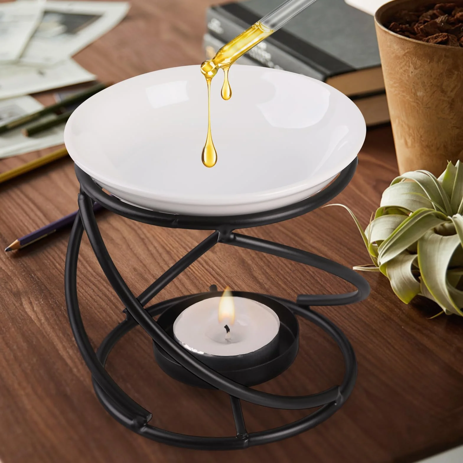 WD&CD Metalowy palnik olejków eterycznych ceramiczny świecznik aromaterapeutyczny czarny