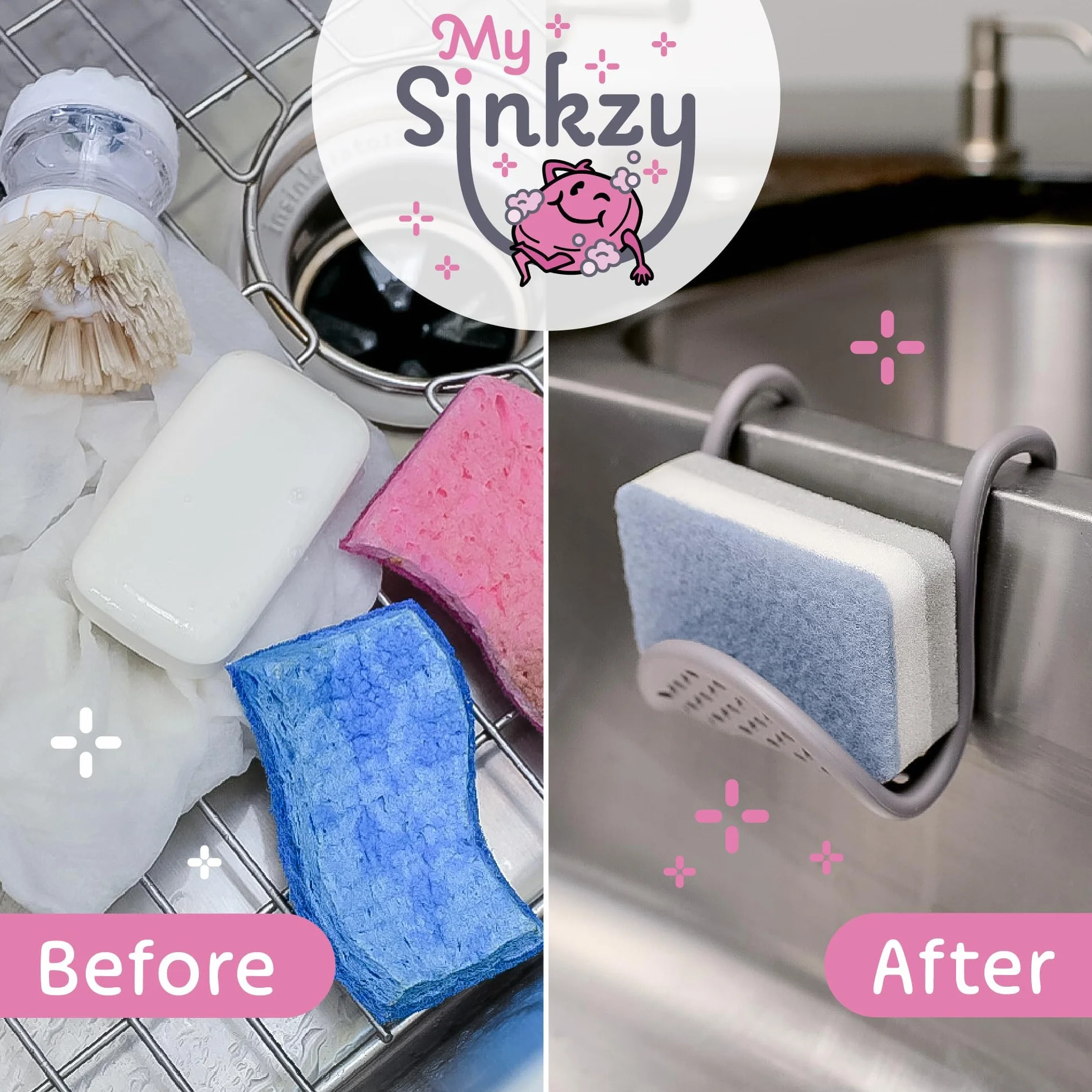 Organizer do zlewu kuchennego – uchwyt na gąbkę kuchenną do zawieszania silikonu, mydła i szczotek – uchwyt na gąbkę do zawieszania z otworami drenażowymi – elastyczny zmywalny, zajmuje mało miejsca w