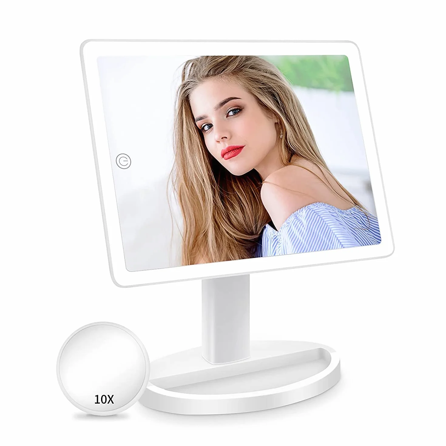 FUNTOUCH Duże podświetlane lustro kosmetyczne do makijażu ze światłem (model X-Large) – 3-kolorowe oświetlenie z 88 diodami LED, obrót 360°, sterowanie dotykowe, powiększenie 10x, przenośne stołowe