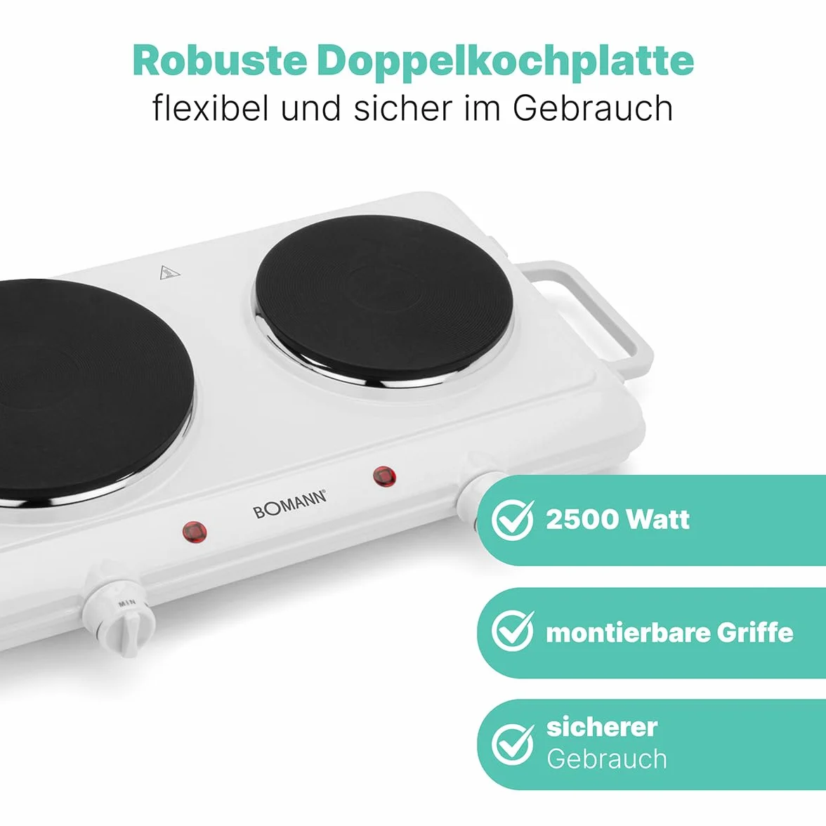 Bomann® Podwójna płyta grzewcza | Wydajna płyta grzewcza z bezstopniowo regulowanymi termostatami | 2 płyty grzewcze | uchwyty Cool-Touch | podwójna płyta grzewcza o mocy 1500 W/1000 W | DKP 5028 CB