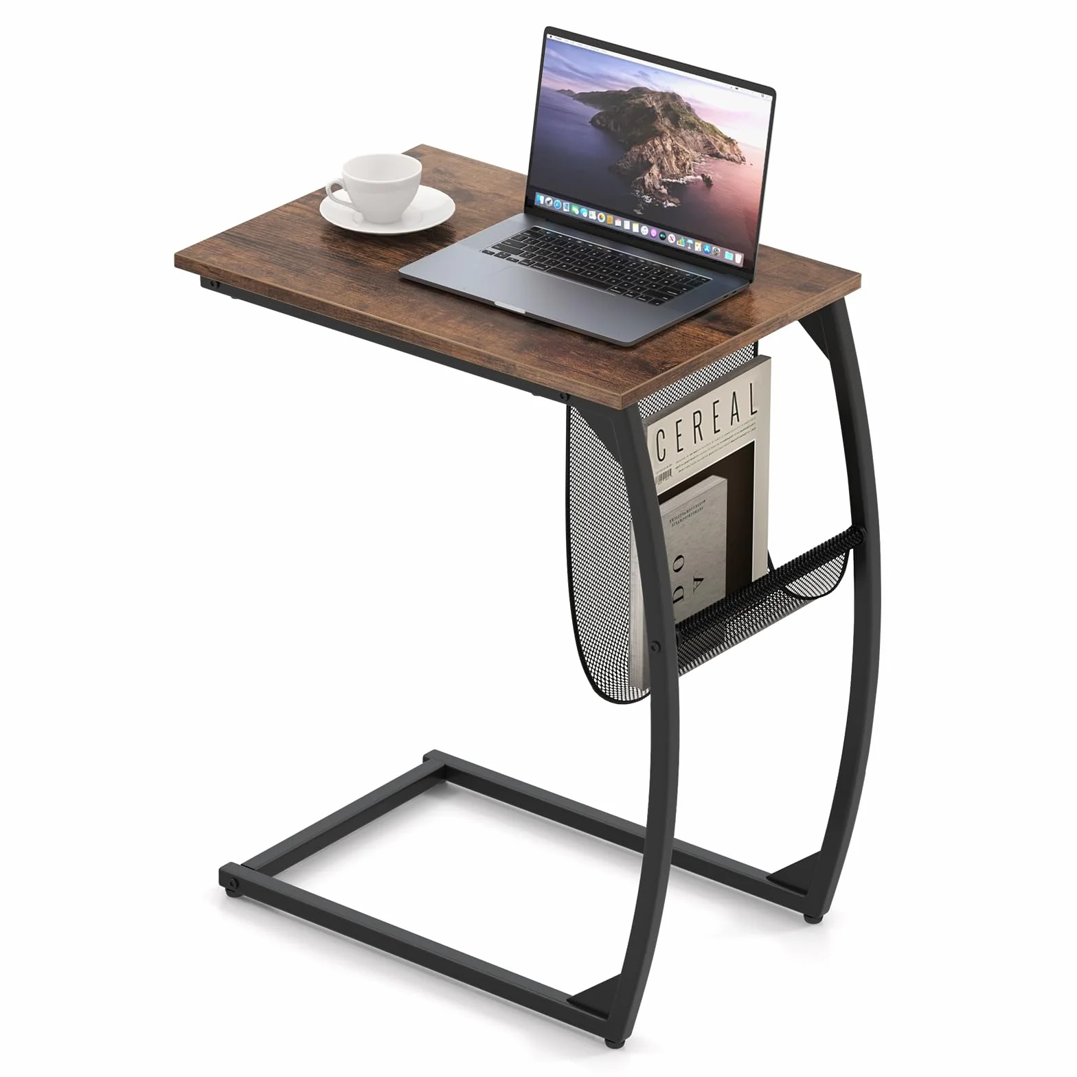 COSTWAY drewniany stolik pomocniczy, metalowy, z kieszenią boczną, stolik pod laptopa, w kształcie litery C, stolik kawowy, wzornictwo przemysłowe, 52 x 35 x 63 cm