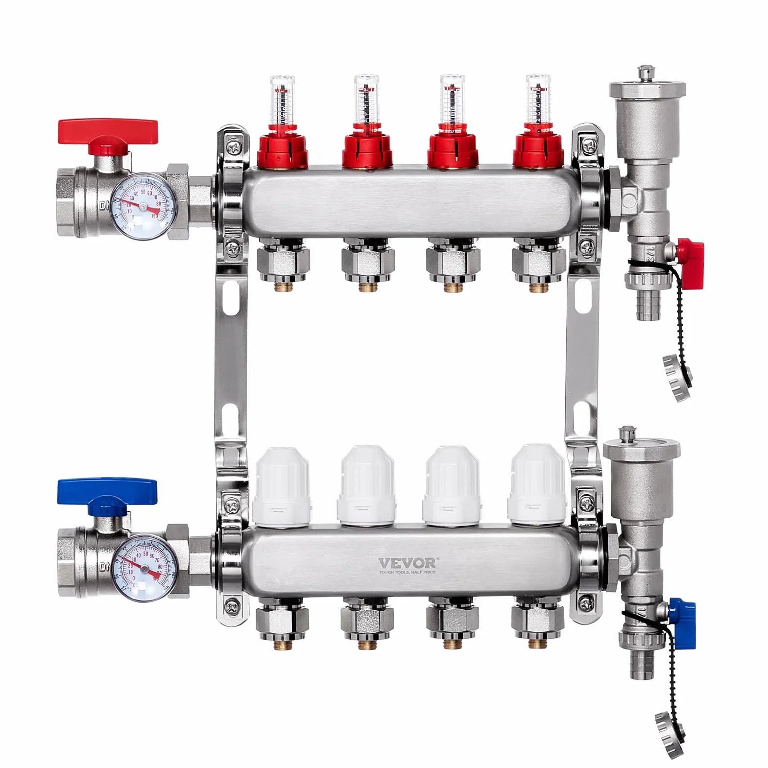 VEVOR 4-gałęziowy kolektor grzewczy promiennikowy kolektor rurowy PEX 12,7 mm ze stali nierdzewnej PEX, z adapterami 12,7 mm, do hydronicznej podłogi, kolektora PEX