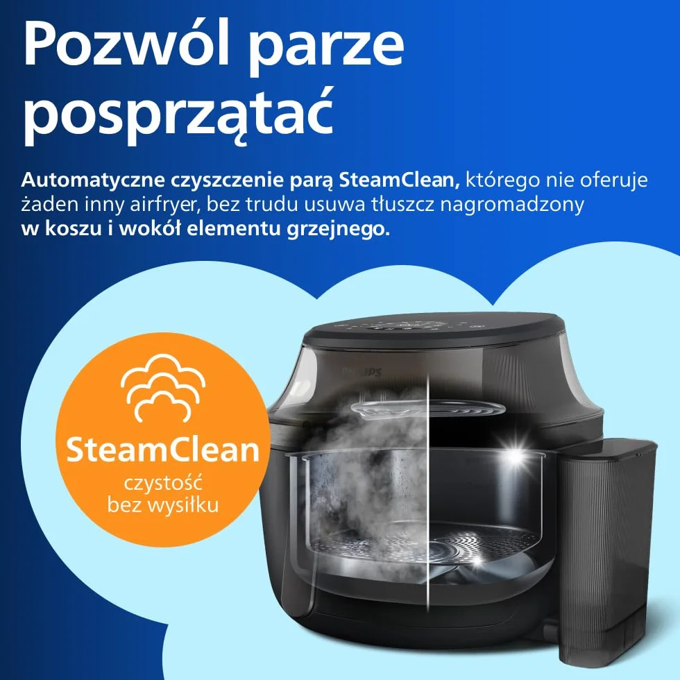 Philips Ovi z parą - Steamfry, Gotowanie na parze i Airfry - 21 sposobów gotowania; Pojemność 7,2 l, Technologia RapidAir, Okienko, Powłoka ceramiczna, Automat. czyszczenie parą (NA540/00)