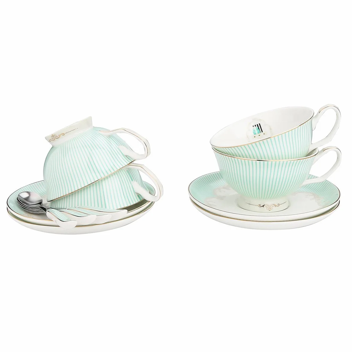 Szklanki do picia szklane kubki, zestaw filiżanek i spodków Porcelana kostna Filiżanka do kawy i herbaty na śniadanie Popołudniowa herbata - wzór w niebieskie paski (4)