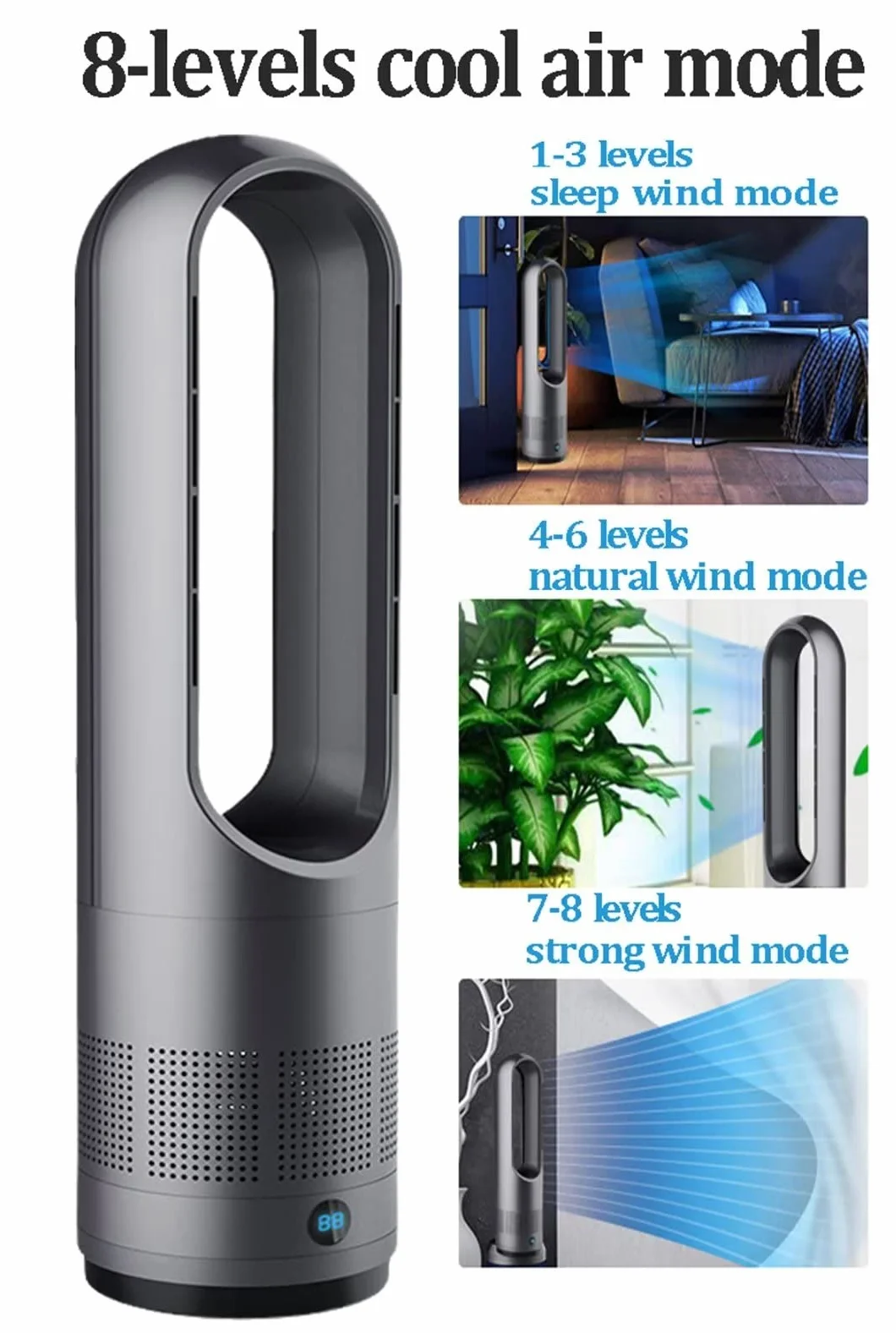 Wentylator kolumnowy bez łopatek, 40 W, naturalna wentylacja, oscylacja 80°, z pilotem, 8 prędkości, 8-godzinny timer, wyświetlacz LED, przenośny i sile