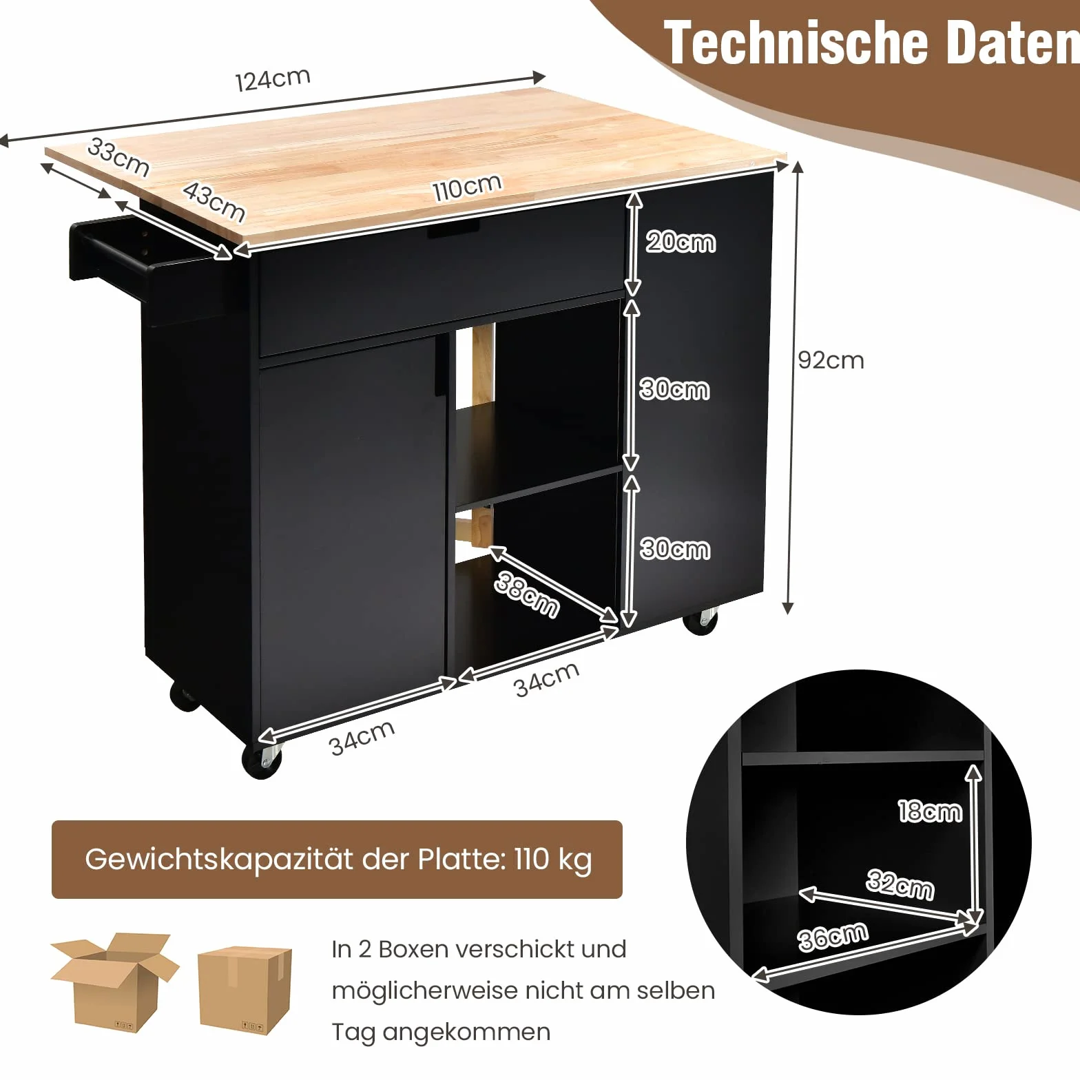 COSTWAY Wózek kuchenny z wysuwaną powierzchnią roboczą, wózek do serwowania na kółkach, drewniany wózek kuchenny z półkami, szufladą i regałem na przyprawy, wózek kuchenny do kuchni, jadalni (czarny)