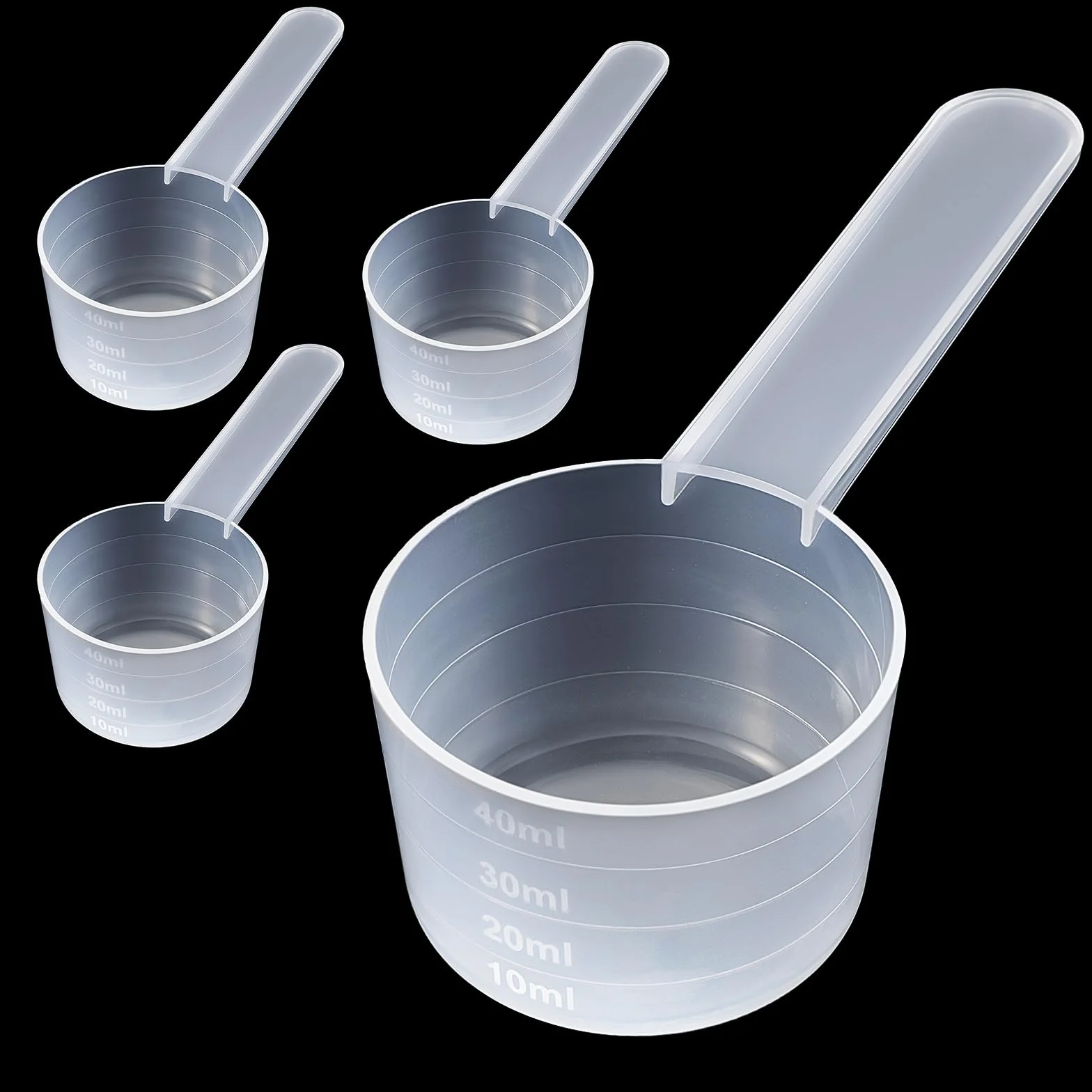4 łyżki do dozowania, 10 ml, 20 ml, 30 ml, 40 ml, miarki do dozowania środków piorących, proszek do prania, tworzywo sztuczne, przezroczyste, miarki do mleka w proszku, białka w proszku, mąki