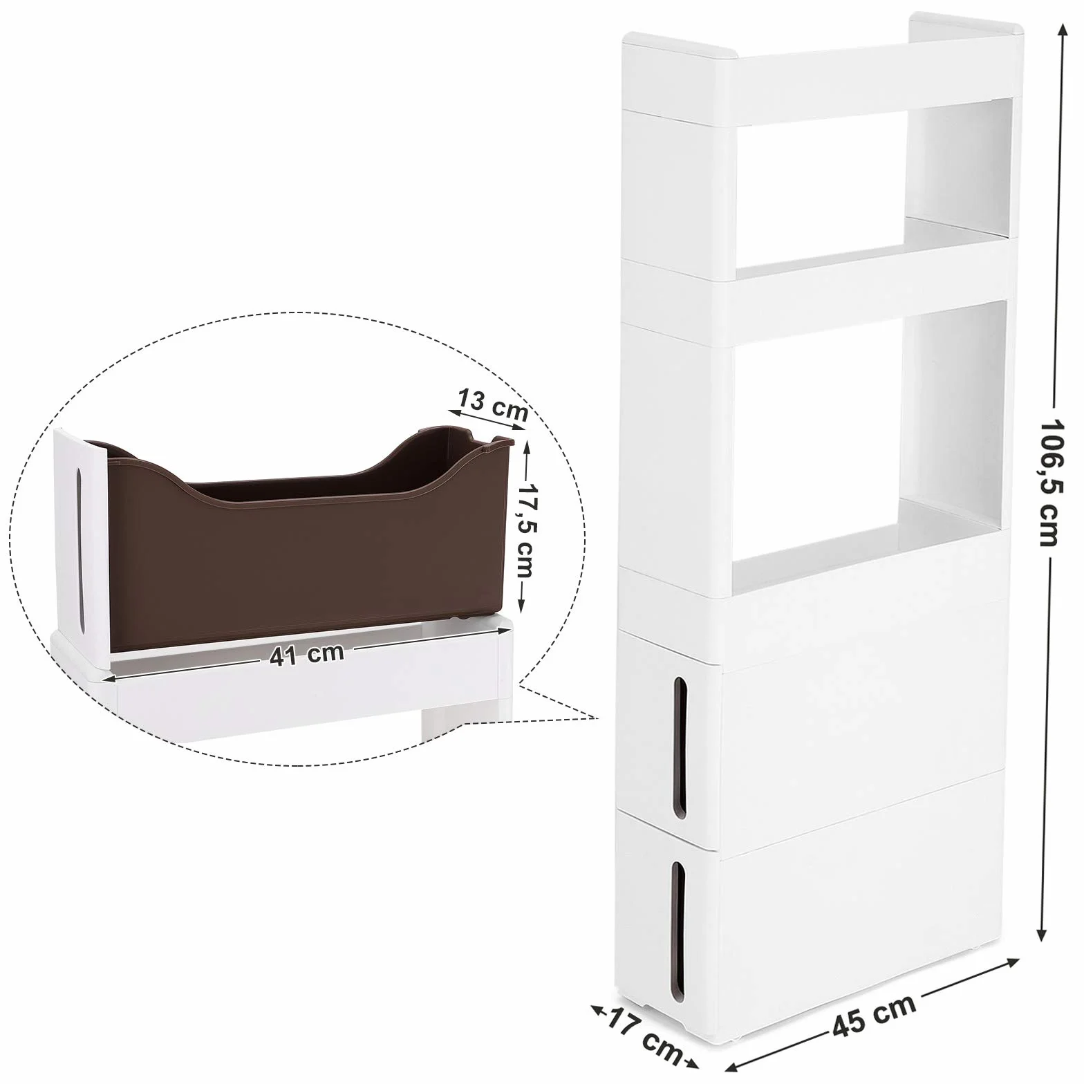 SONGMICS Wąskie Szafka wnękowa 3 półki 2 szuflady z kółkami 17 cm biała KFR06WT