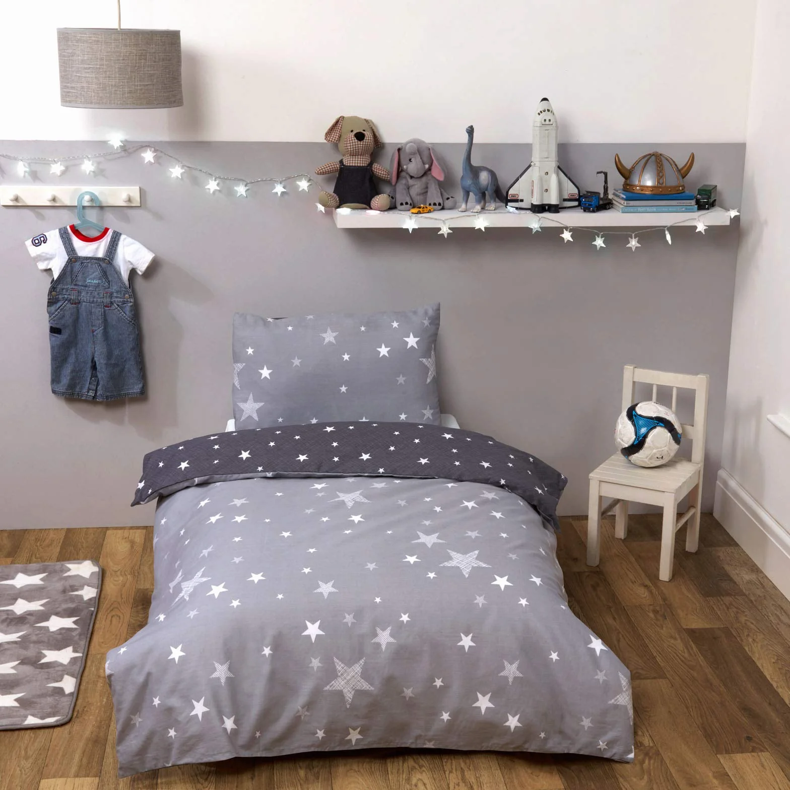 Dwustronna poszewka na kołdrę Dreamscene Galaxy Stars z poszewką na poduszkę dla dzieci, szary